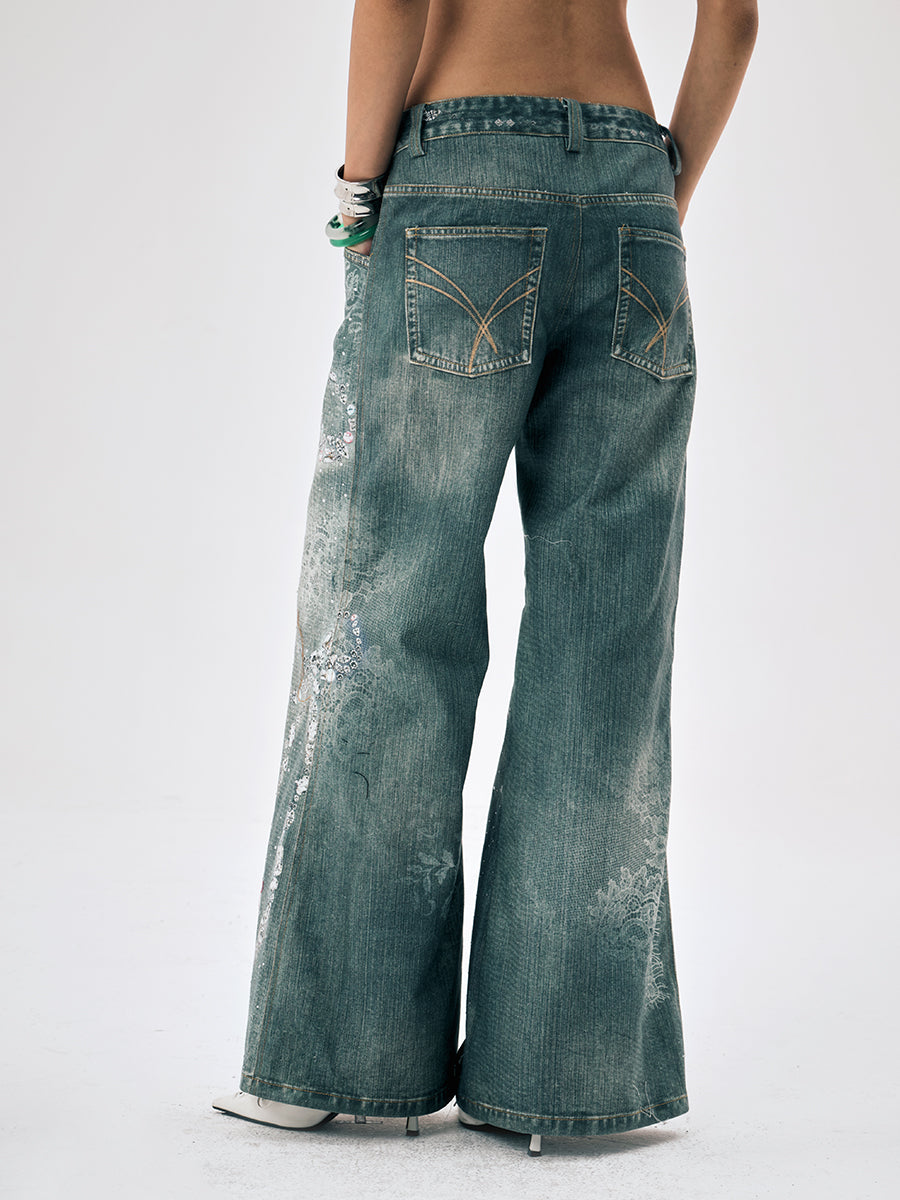 Full Rhinestone Bow Wide Leg Pants
