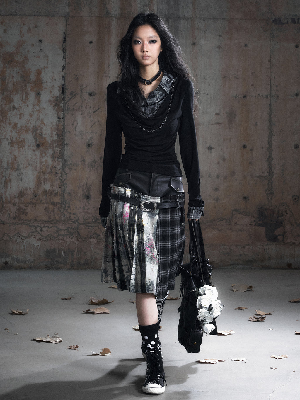 Plaid Tie-Dye Black Draped Long Sleeve Shirt