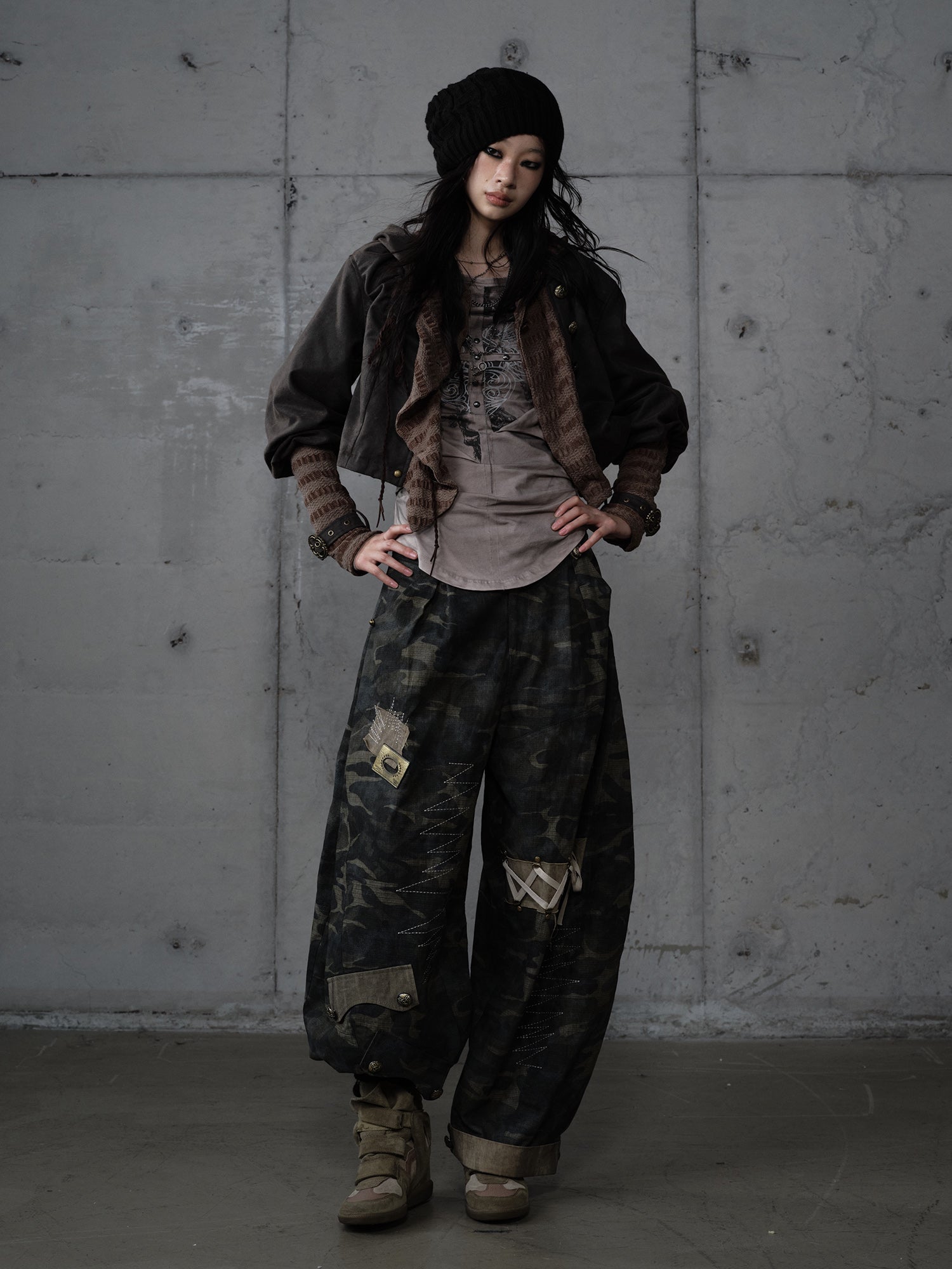 Wide Leg Heavy Embroidery Camo Pants