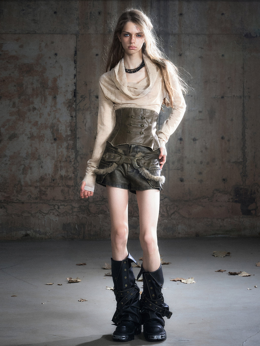 Leather Corset Striped Draped Knit Long Sleeve Tee