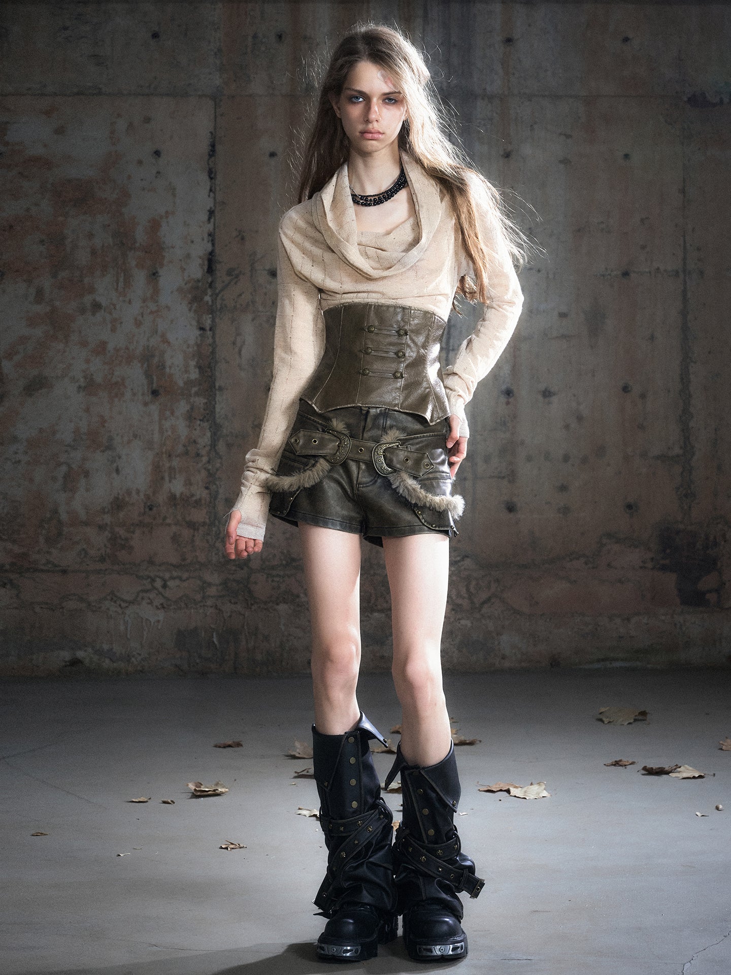 Leather Corset Striped Draped Knit Long Sleeve Tee