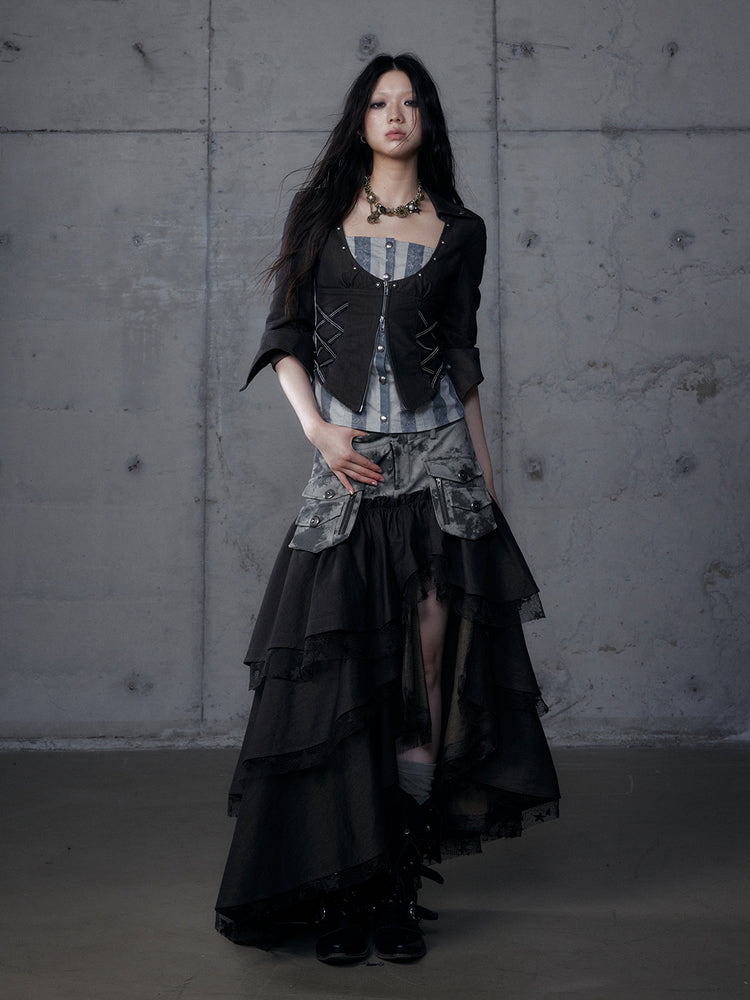 Asymmetrical Heavy-Tiered False Layered Maxi Skirt