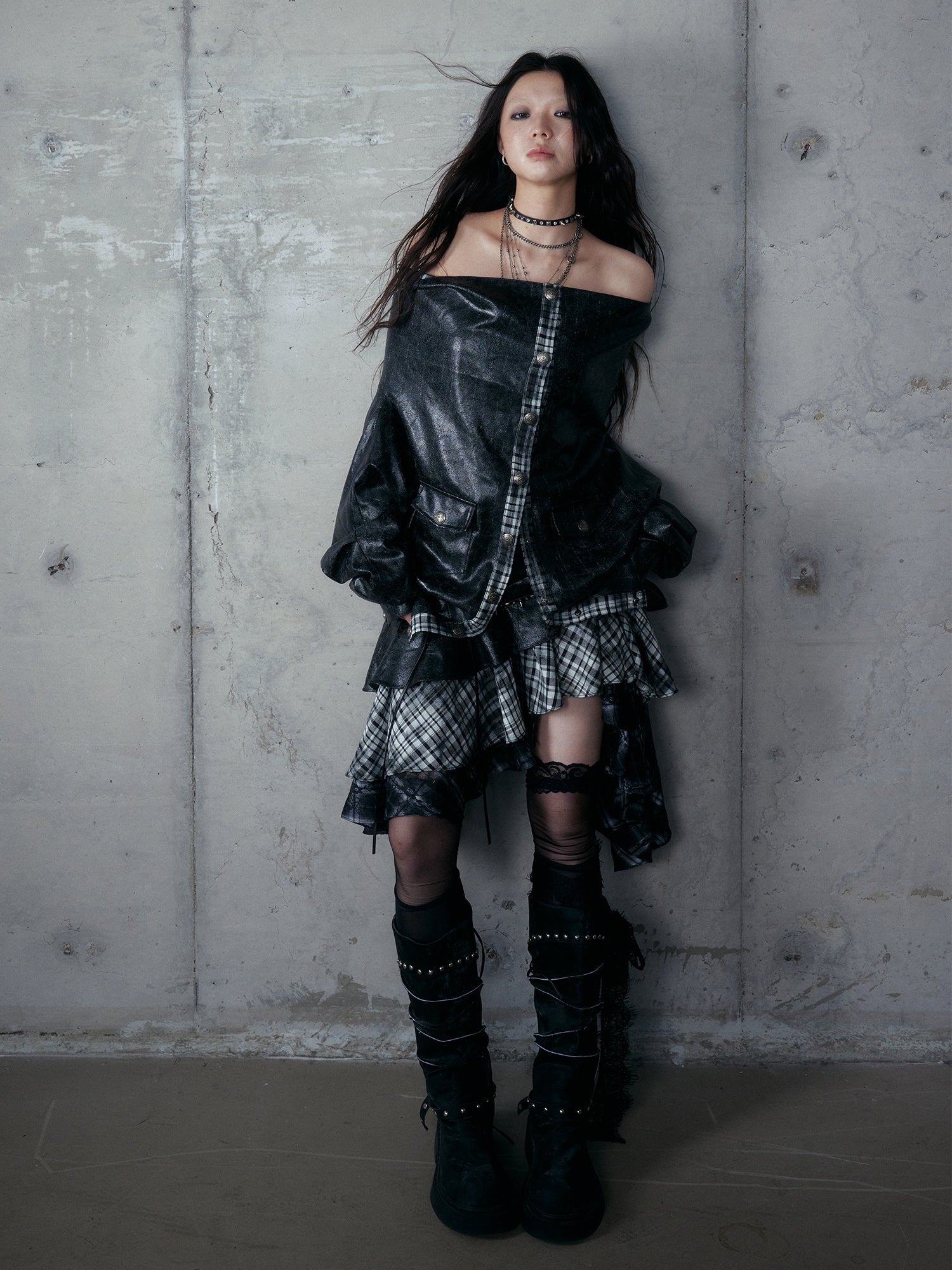 Deconstructed Checkered Waist-Cinching Reversible Leather Hoodie