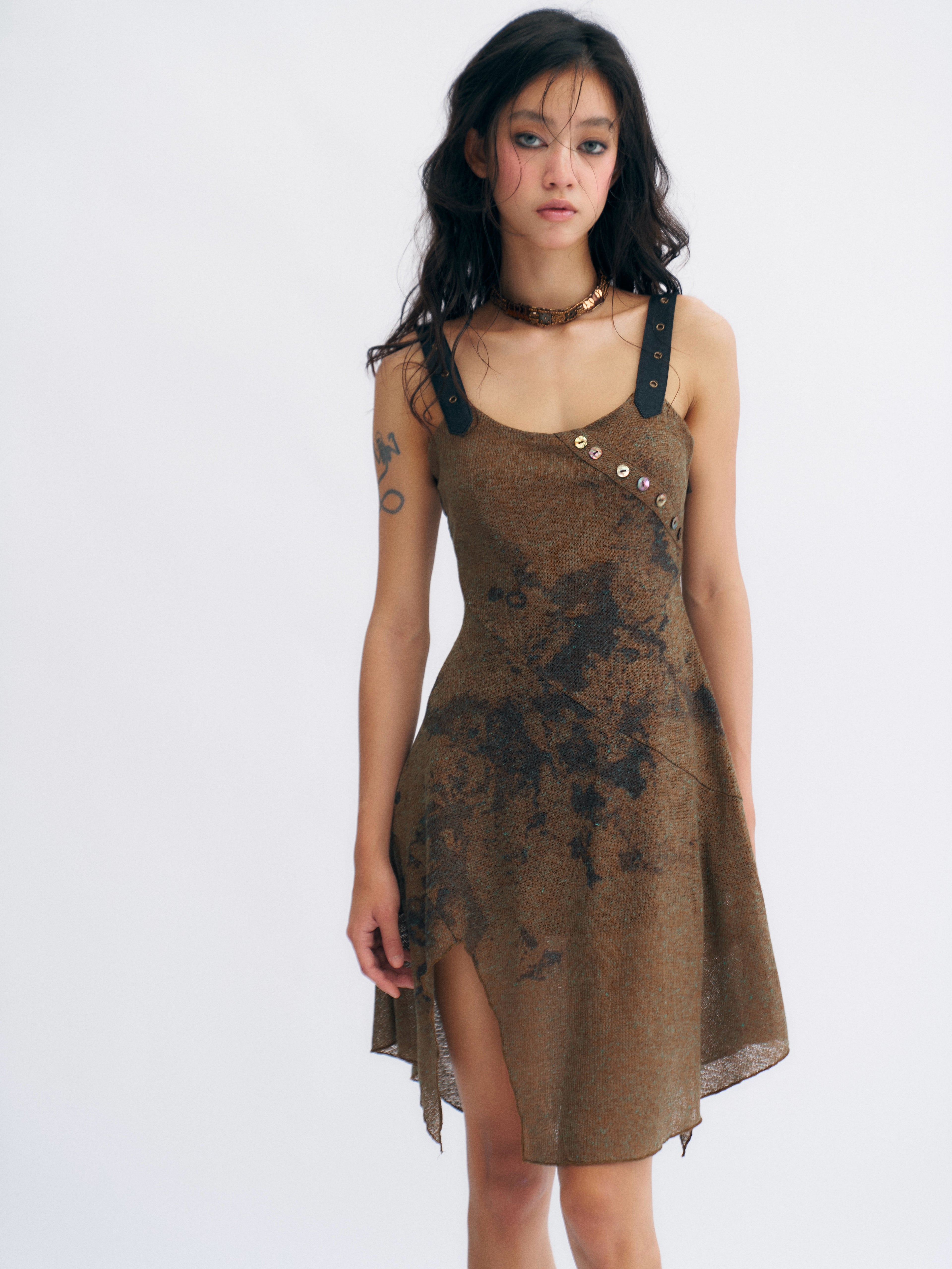 Brown Linen Tie-Waist Dress