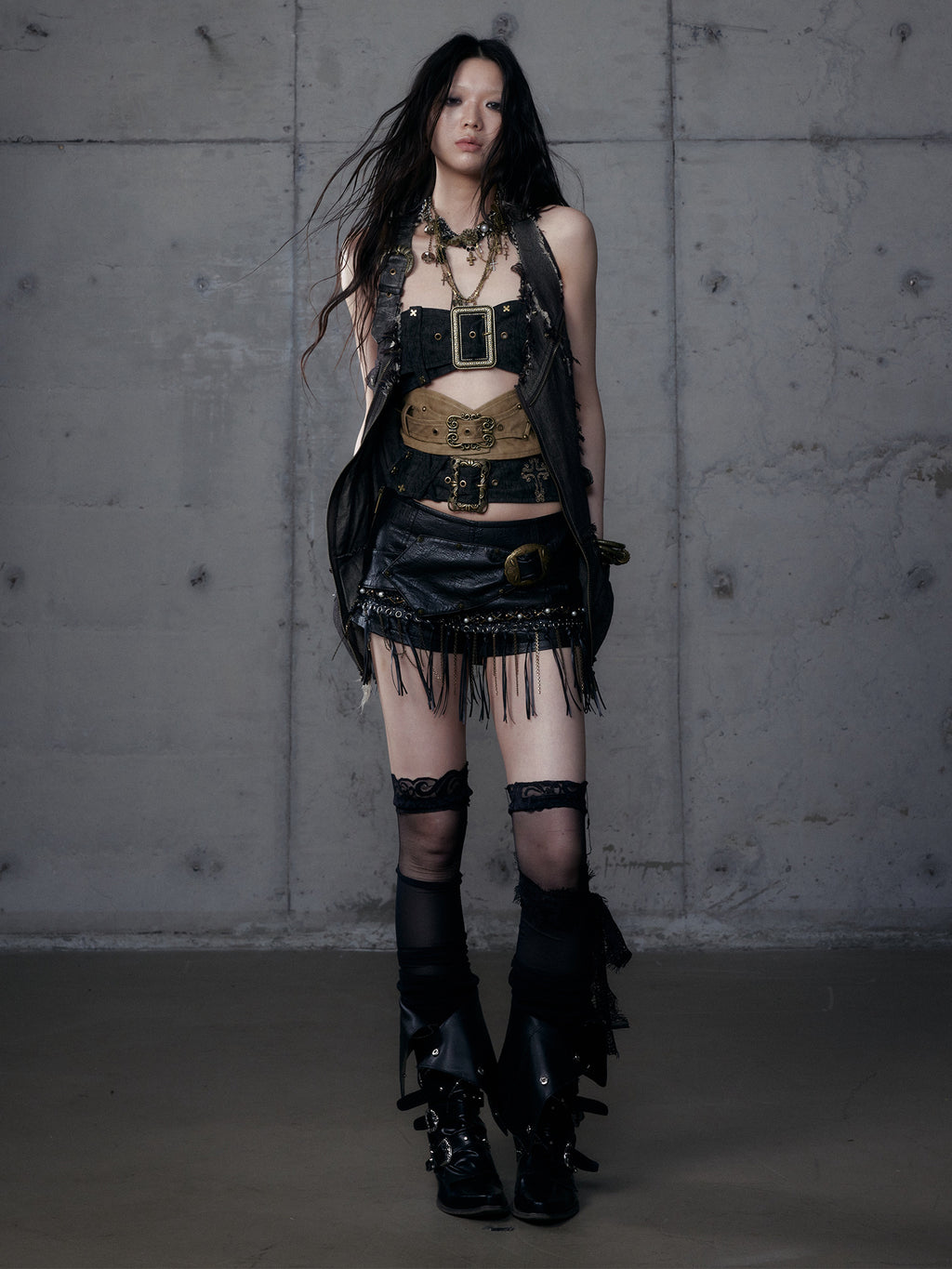 Leather Strap Metal Asymmetrical Color-Block Tube Top