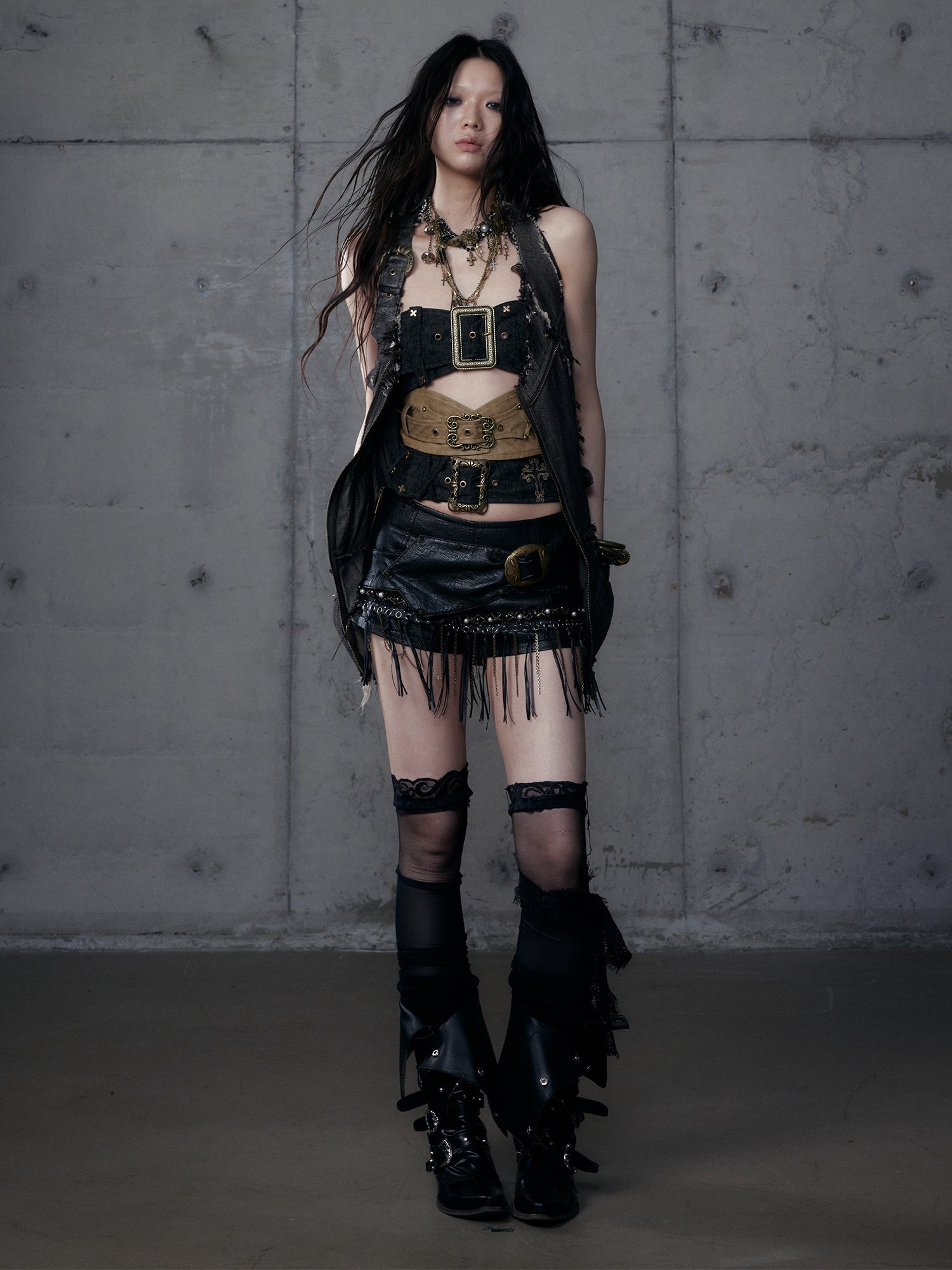 Leather Strap Metal Asymmetrical Color-Block Tube Top