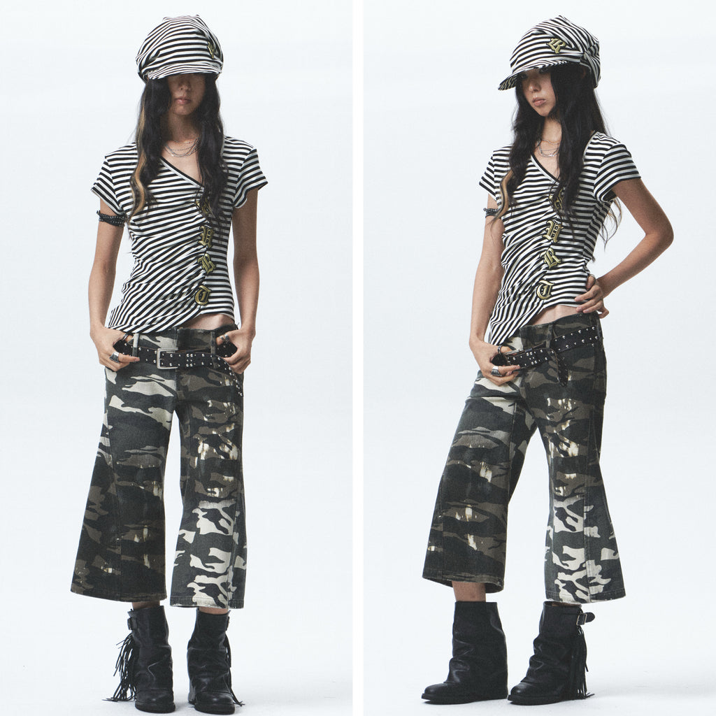 Striped Asymmetrical Embroidered Tee