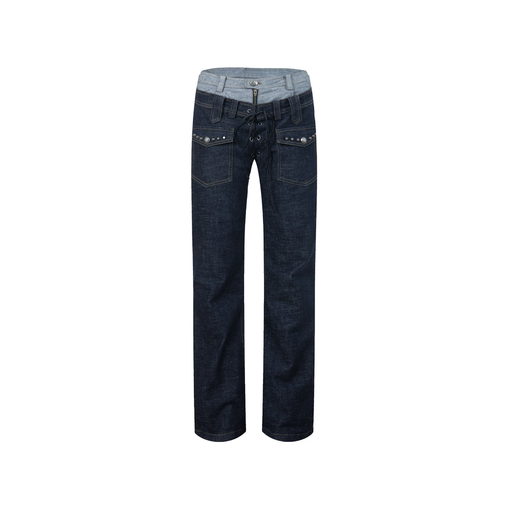 Double-Waist Straight Leg Raw Denim Jeans