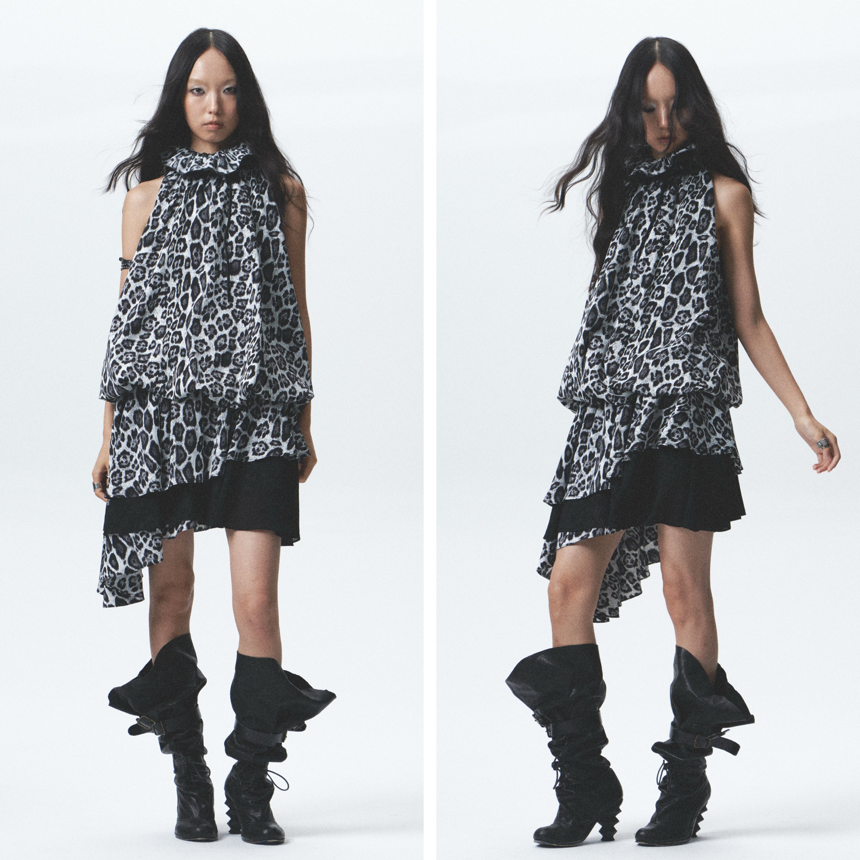 Leopard Print Asymmetrical Ruffle Dress (Incl. Belt)