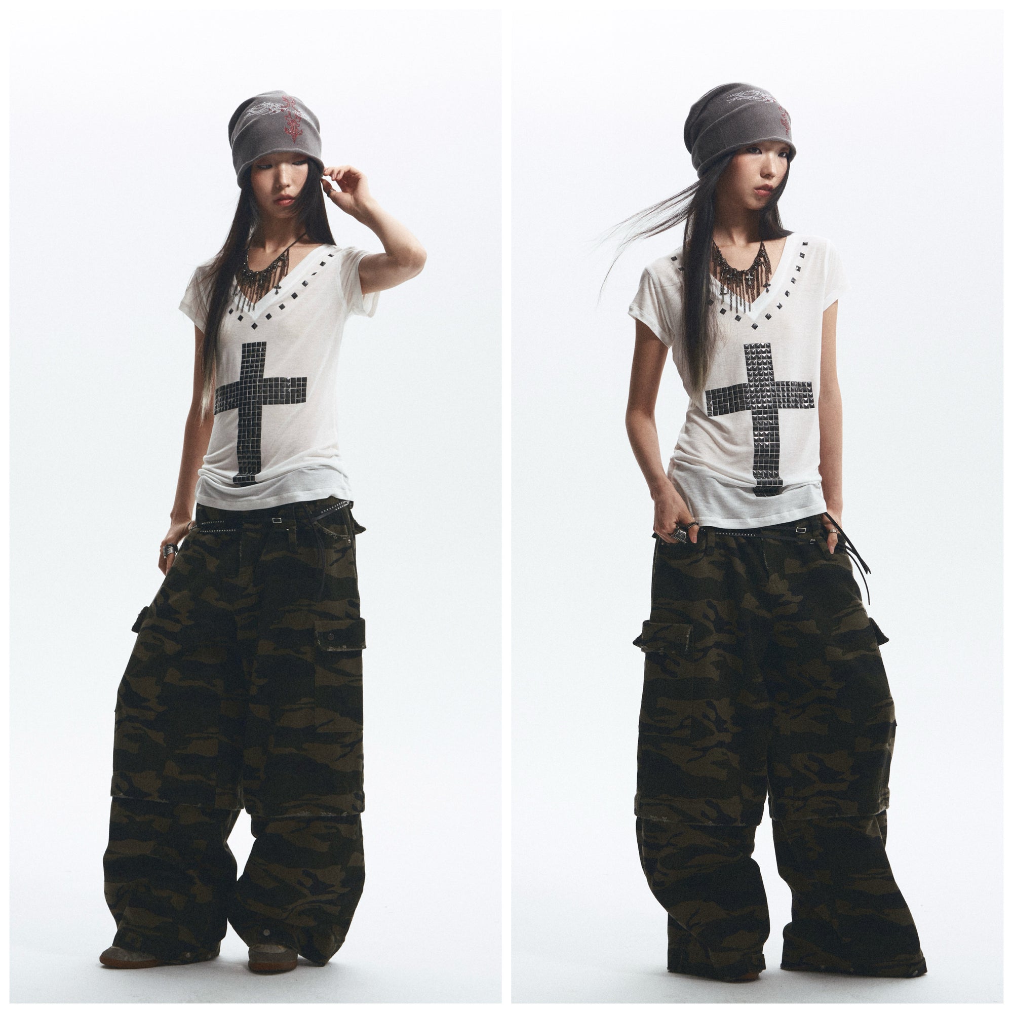 Baggy Straight-Leg Camo Pants with Detachable Cuffs (Includes Belt) ｜Presale