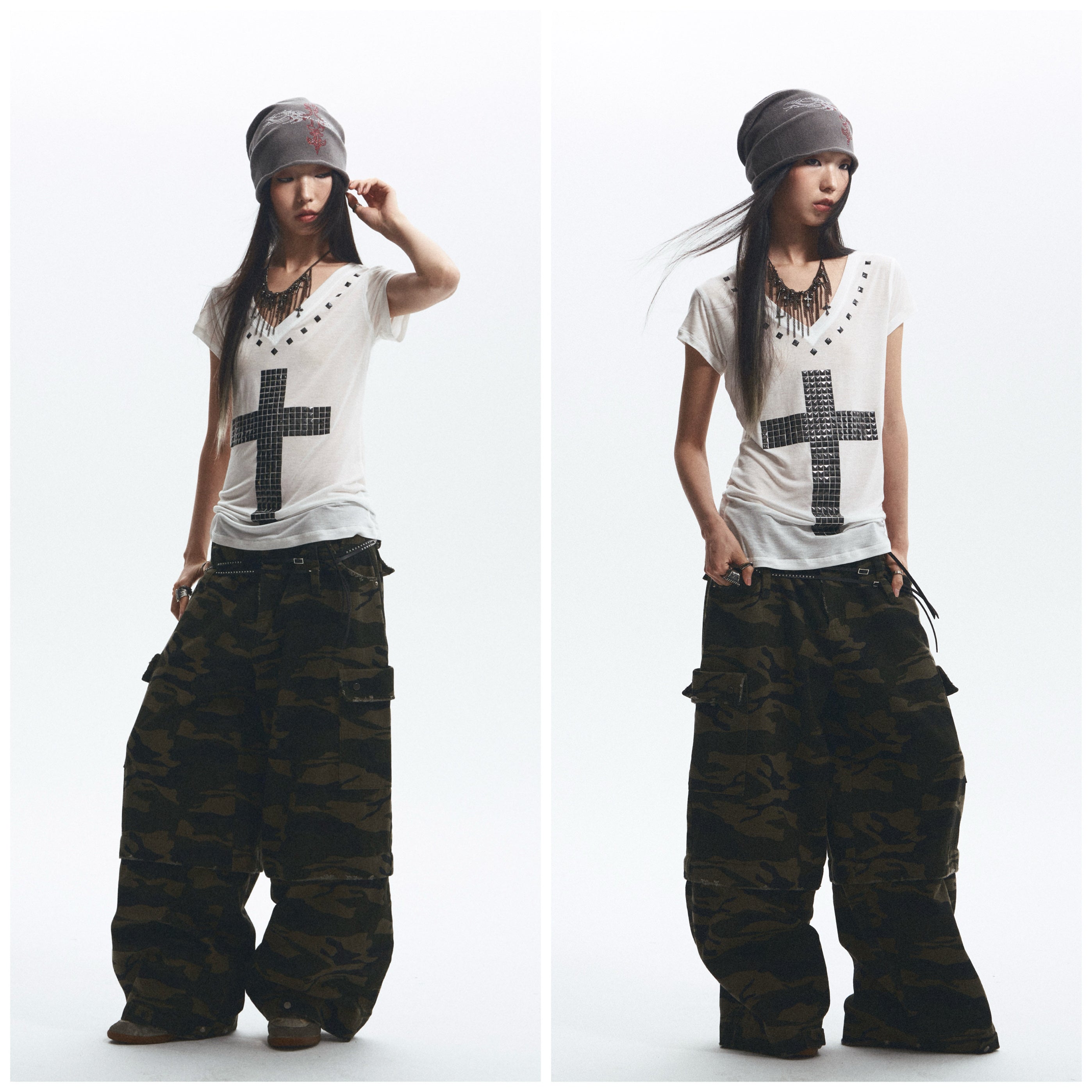 Baggy Straight-Leg Camo Pants with Detachable Cuffs (Includes Belt) ｜Presale