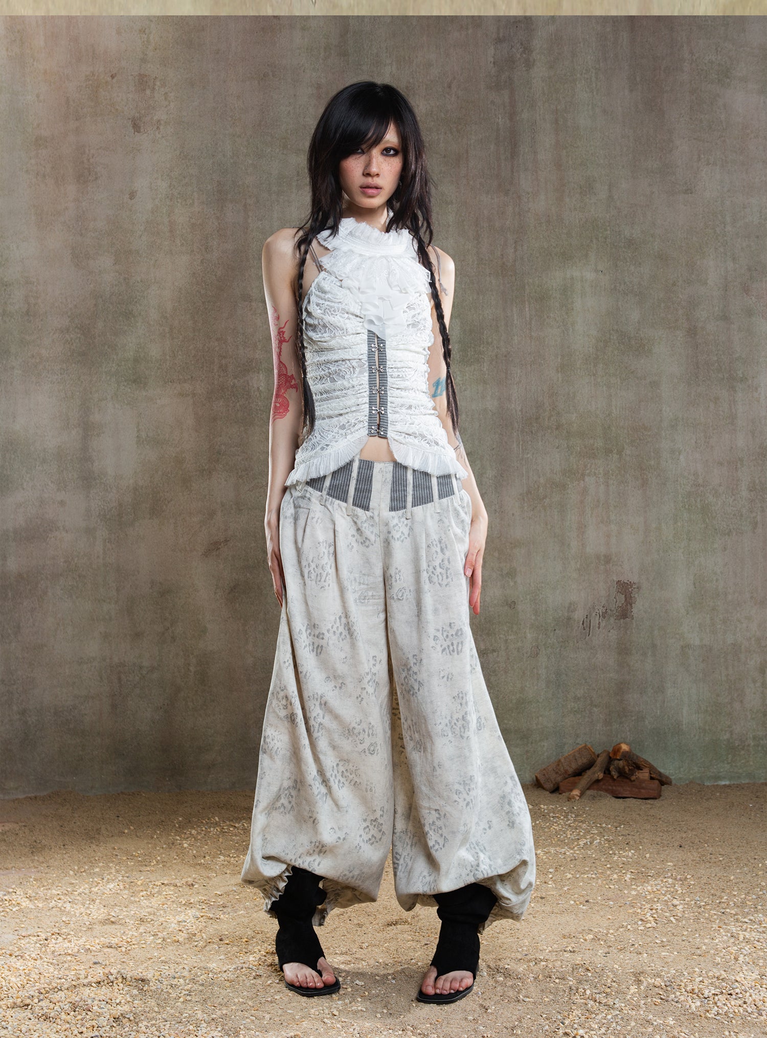 Fishbone Waistband Low-Rise Pants