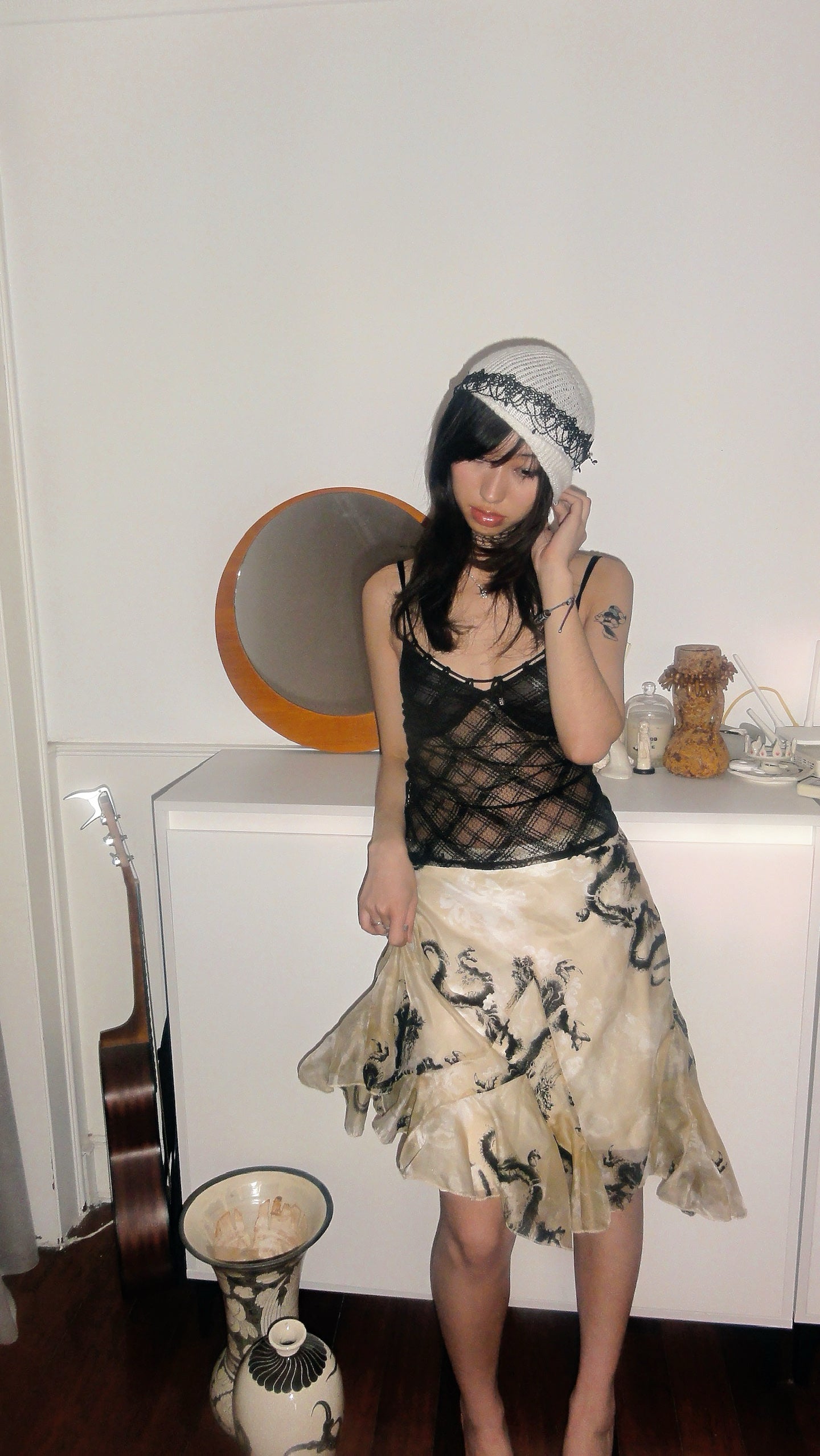 Dragon Print Chiffon Flared Skirt