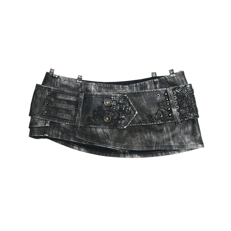 Punk Studded Washed Leather Skort