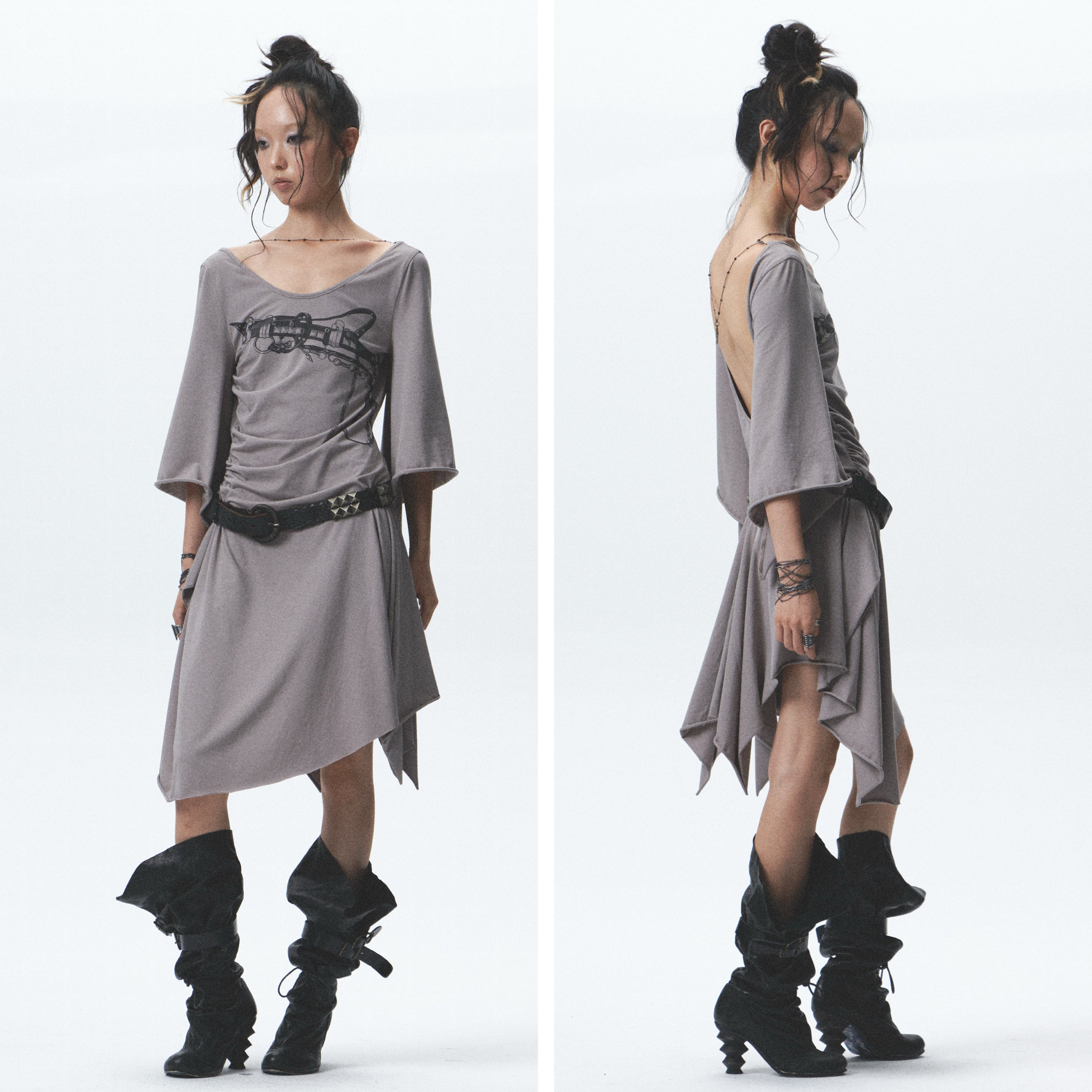 Raw-Edge Asymmetrical Pleated Dress ｜Presale