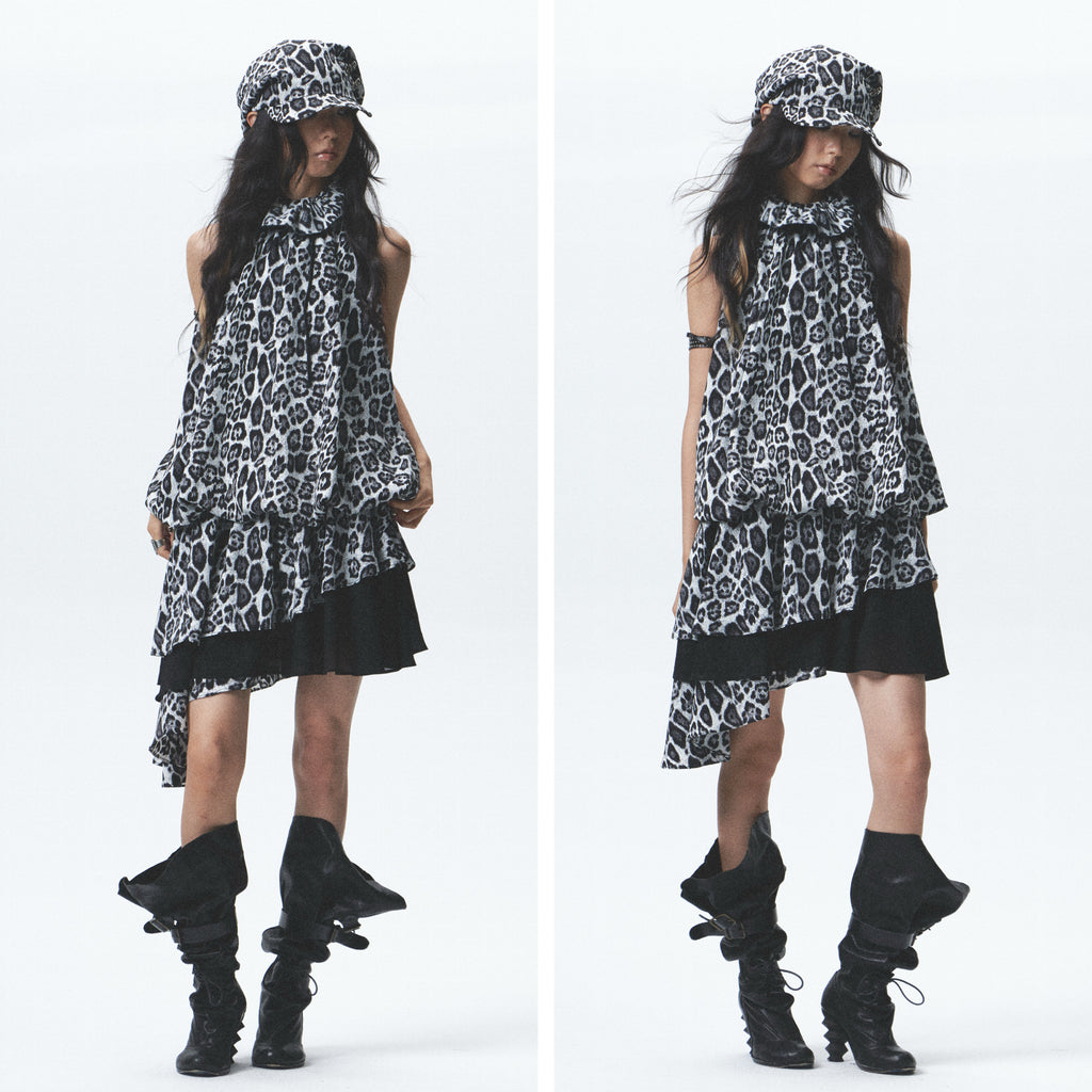 Leopard Print Asymmetrical Ruffle Dress (Incl. Belt)