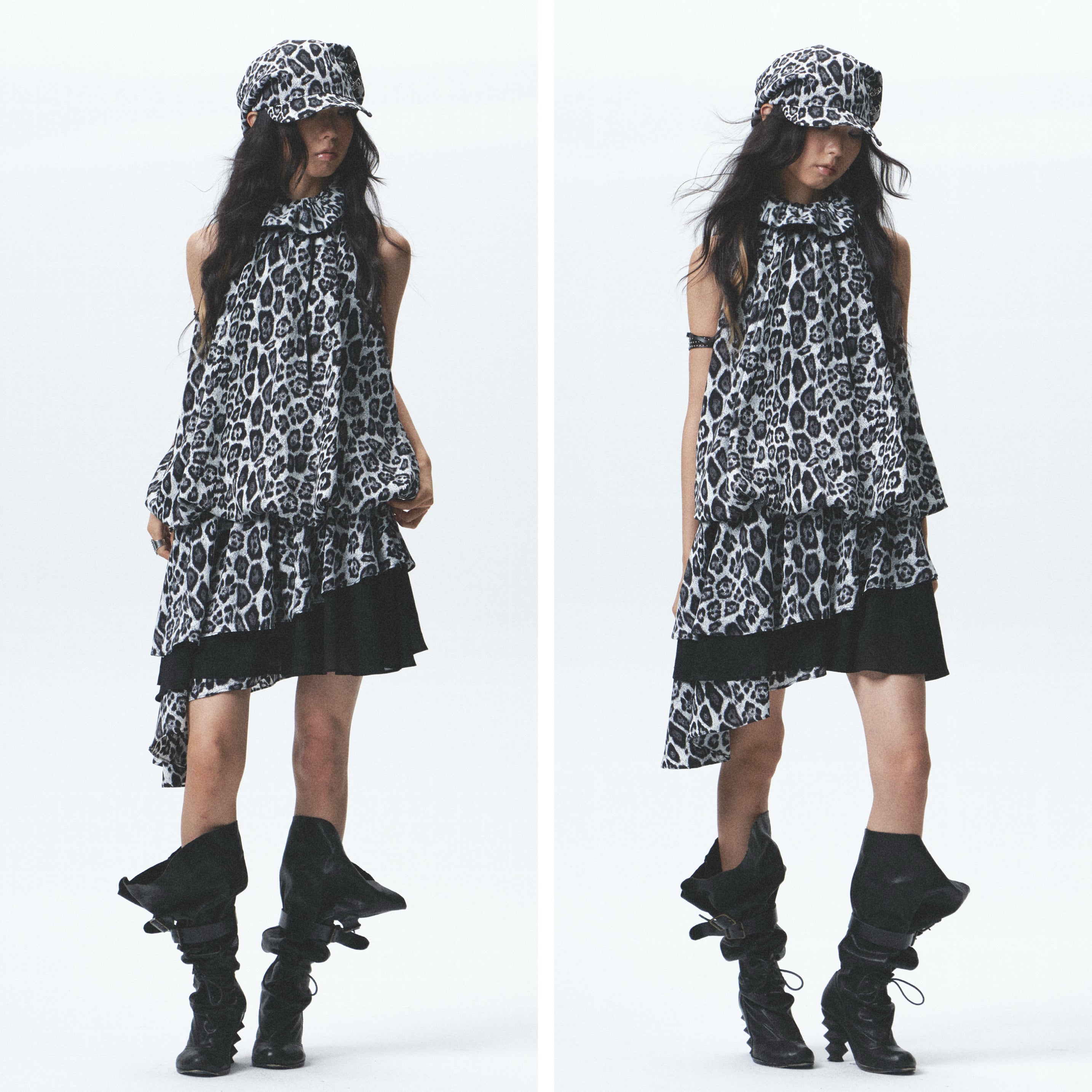 Leopard Print Asymmetrical Ruffle Dress (Incl. Belt)