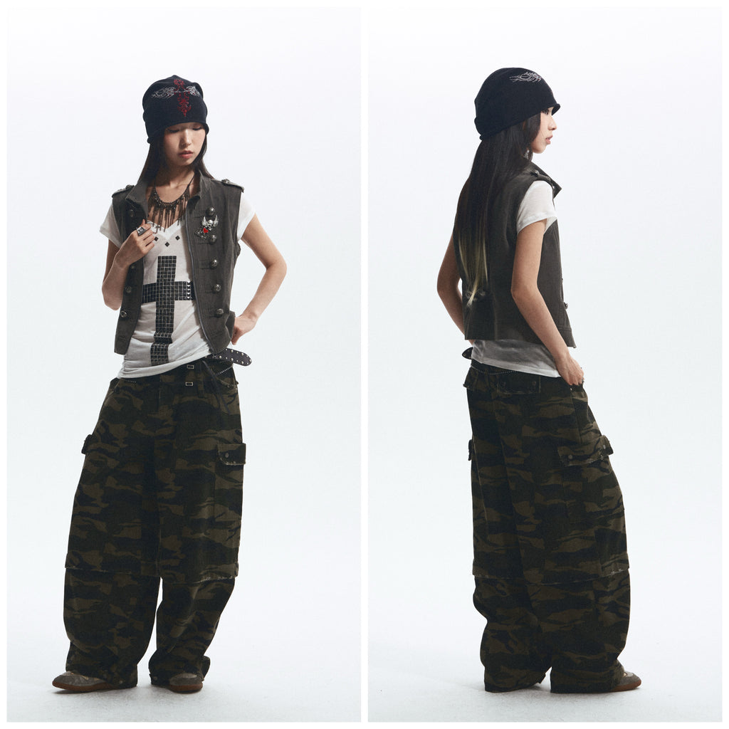 Baggy Straight-Leg Camo Pants with Detachable Cuffs (Includes Belt) ｜Presale