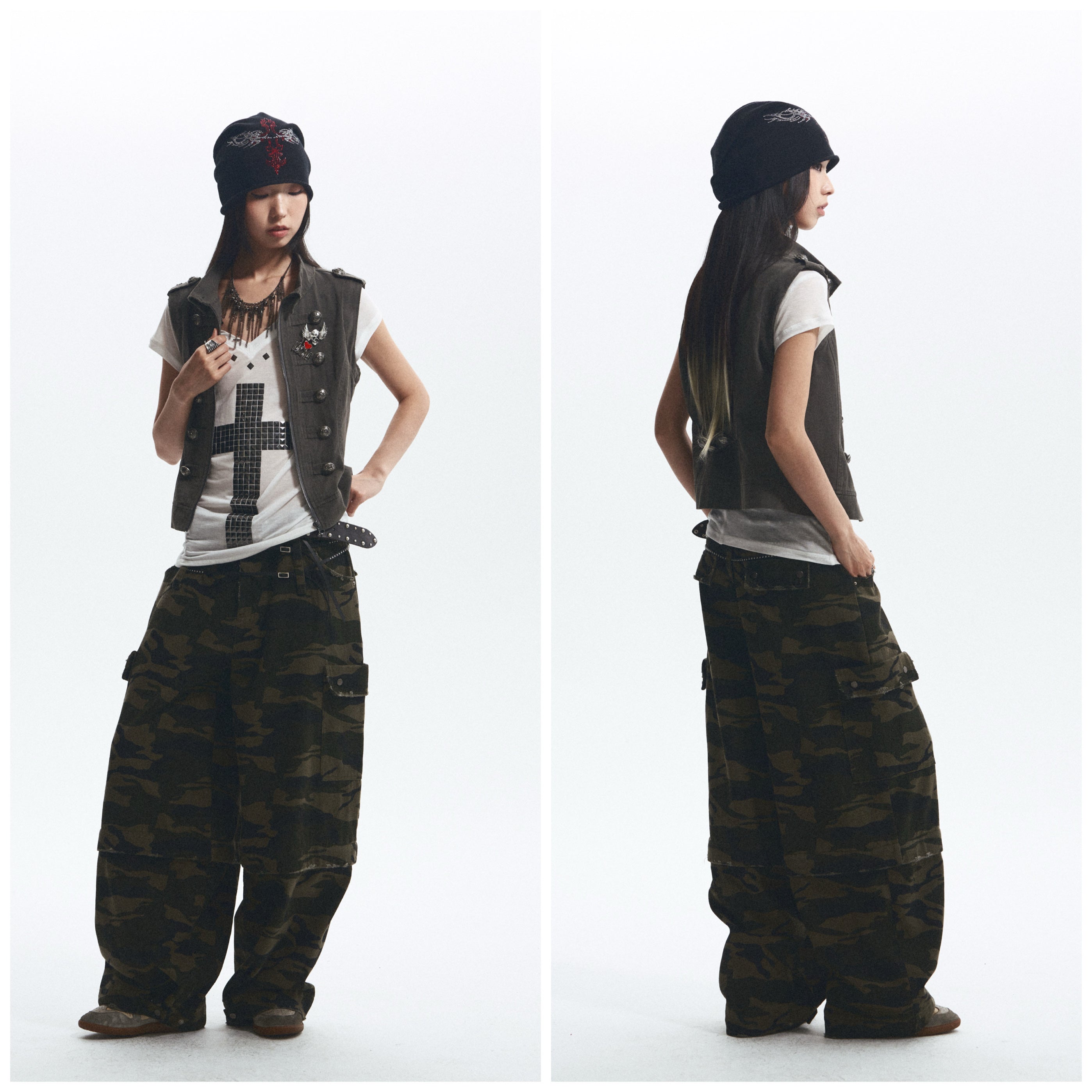 Baggy Straight-Leg Camo Pants with Detachable Cuffs (Includes Belt) ｜Presale