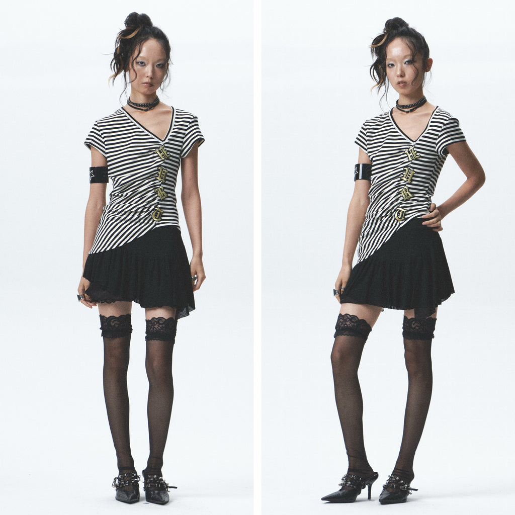 Striped Asymmetrical Embroidered Tee