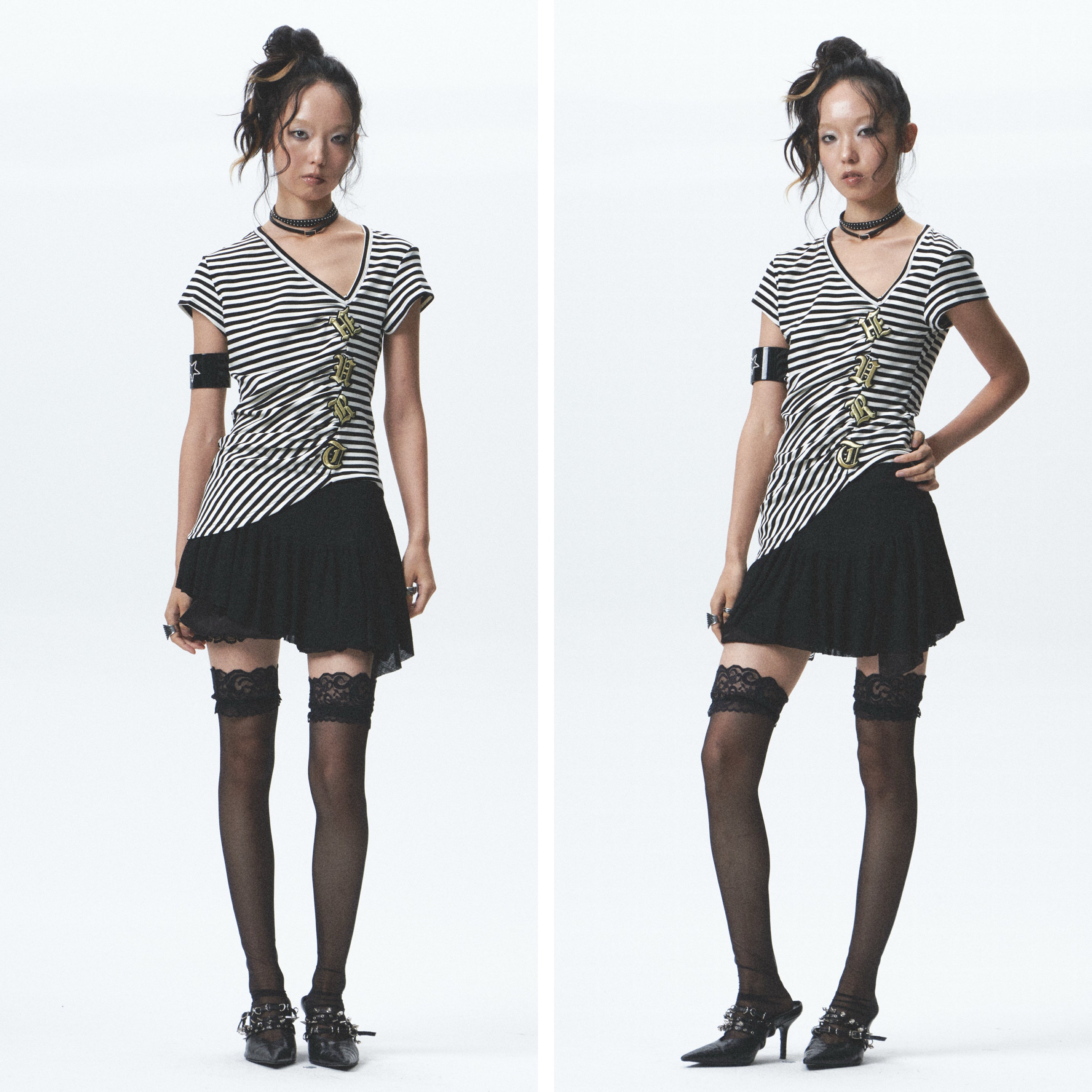 Striped Asymmetrical Embroidered Tee