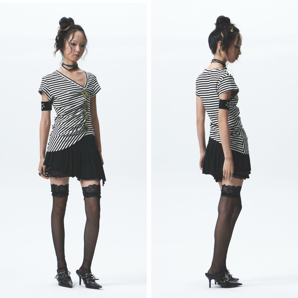 Striped Asymmetrical Embroidered Tee