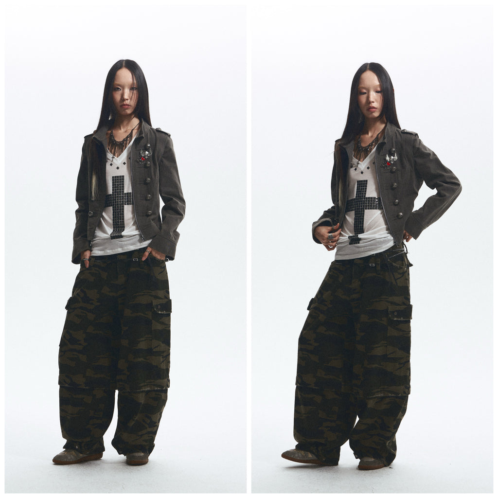 Baggy Straight-Leg Camo Pants with Detachable Cuffs (Includes Belt) ｜Presale