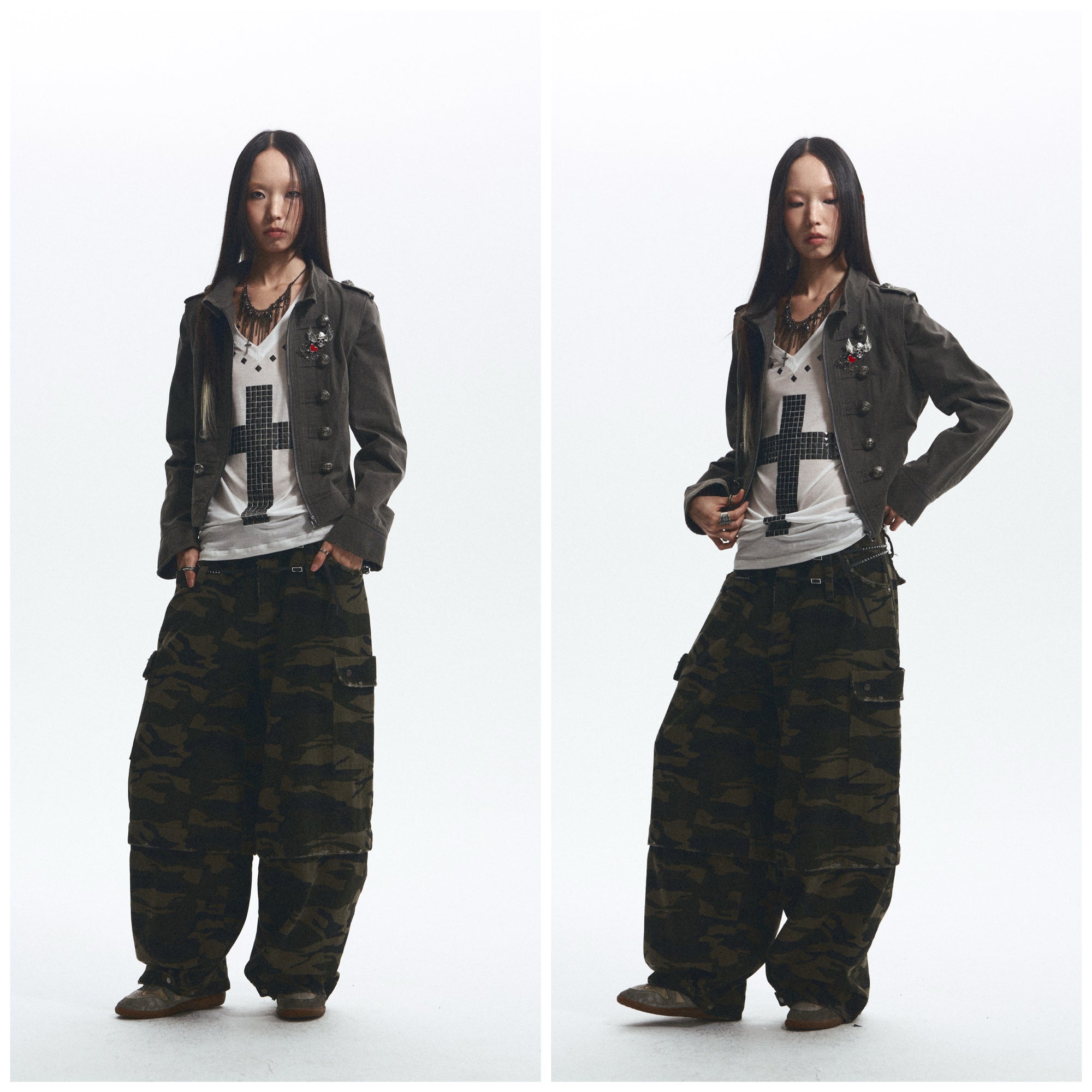Baggy Straight-Leg Camo Pants with Detachable Cuffs (Includes Belt) ｜Presale