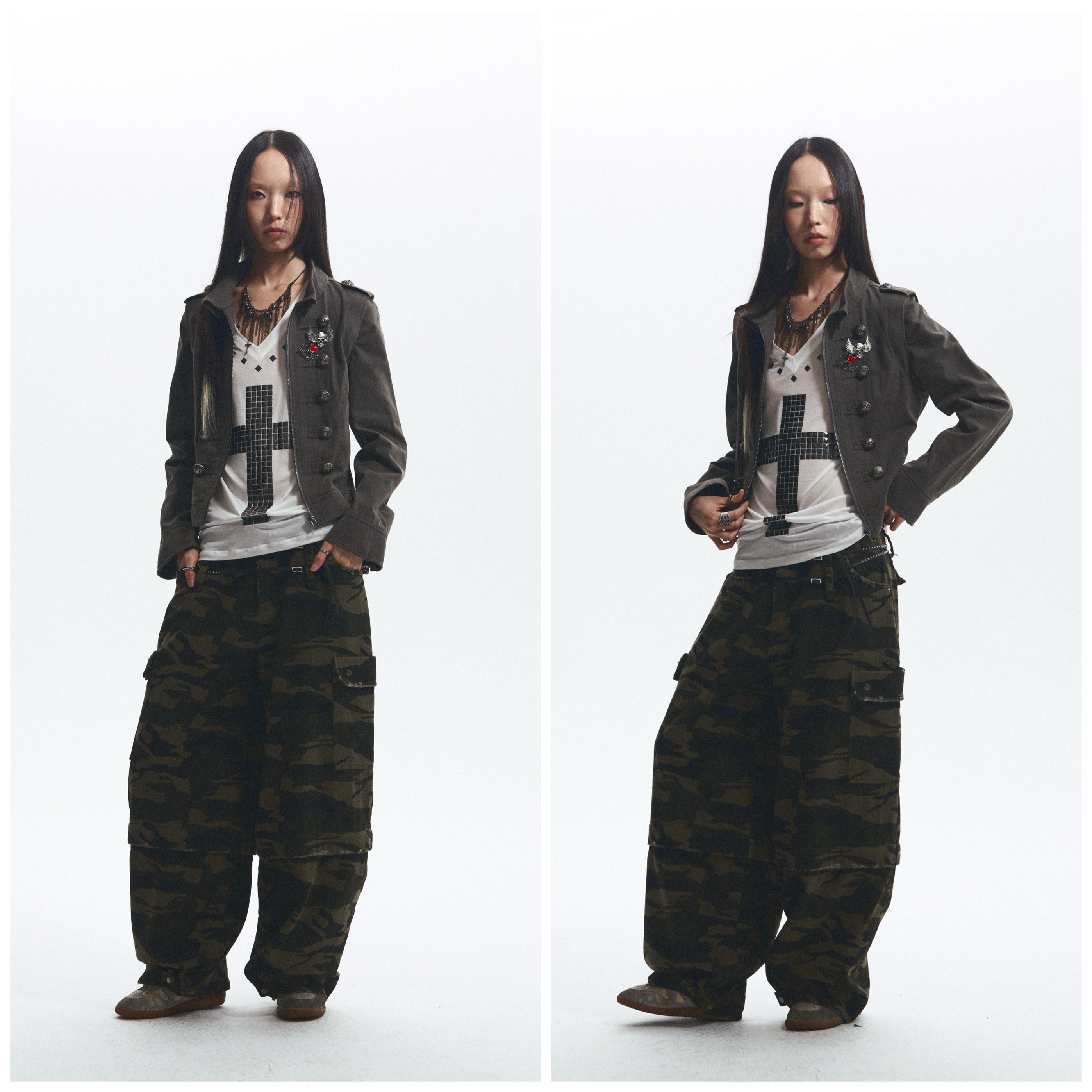 Baggy Straight-Leg Camo Pants with Detachable Cuffs (Includes Belt) ｜Presale