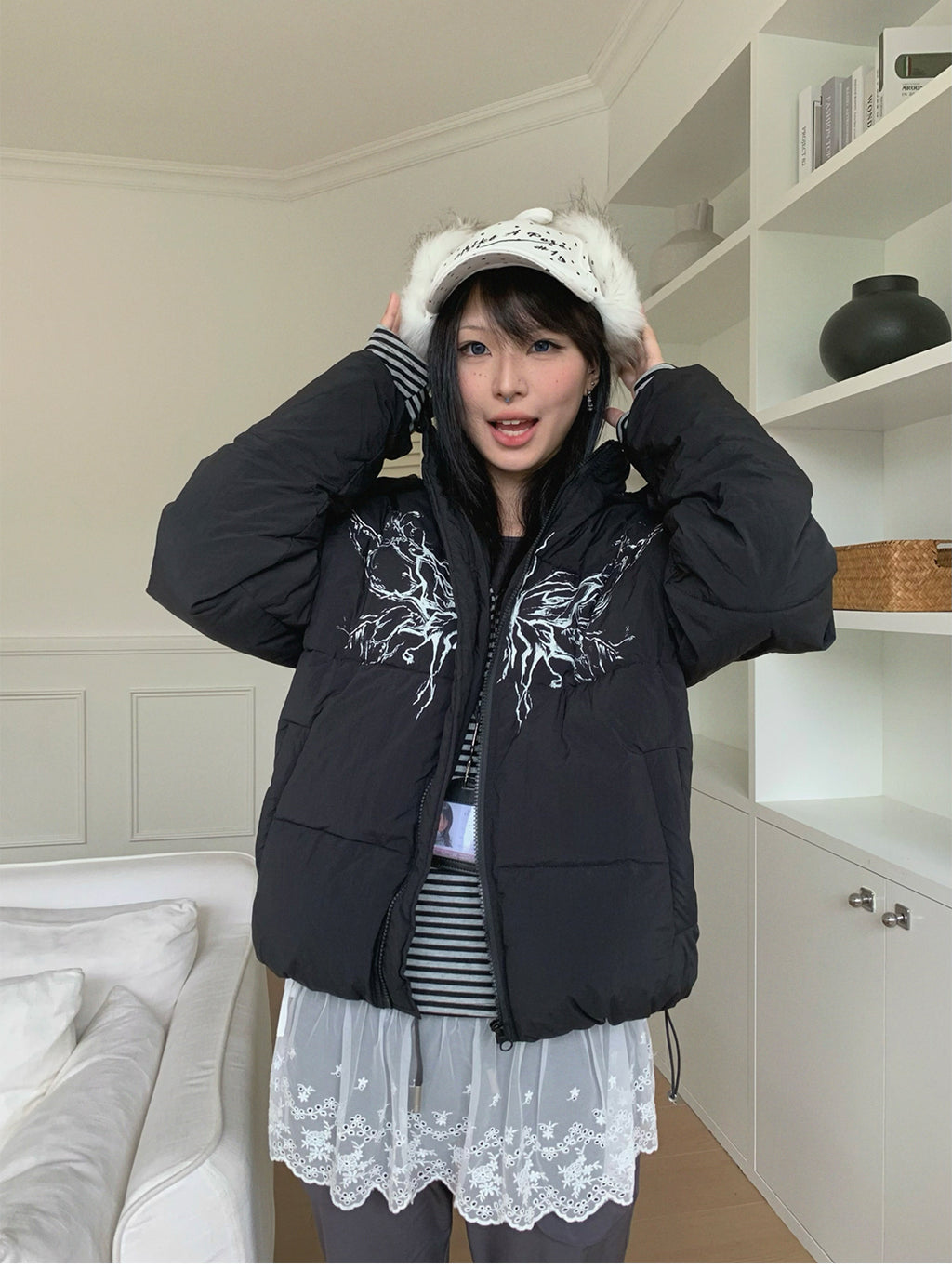 Street wing printed hooded cotton jacket