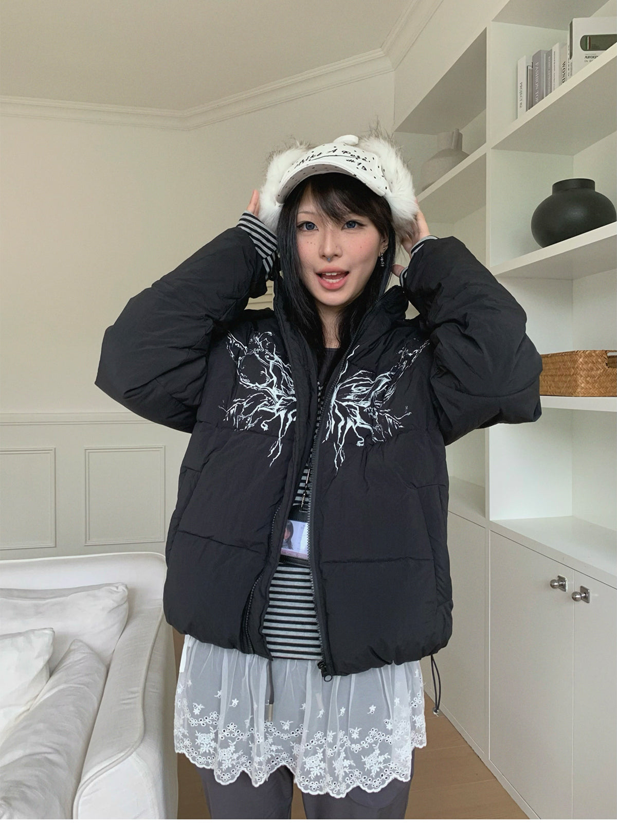 Street wing printed hooded cotton jacket