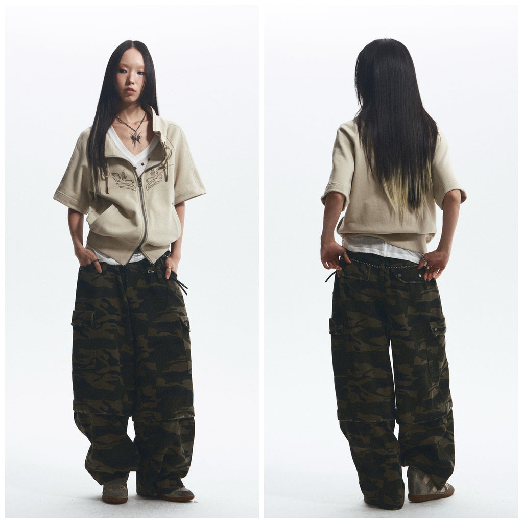 Baggy Straight-Leg Camo Pants with Detachable Cuffs (Includes Belt) ｜Presale
