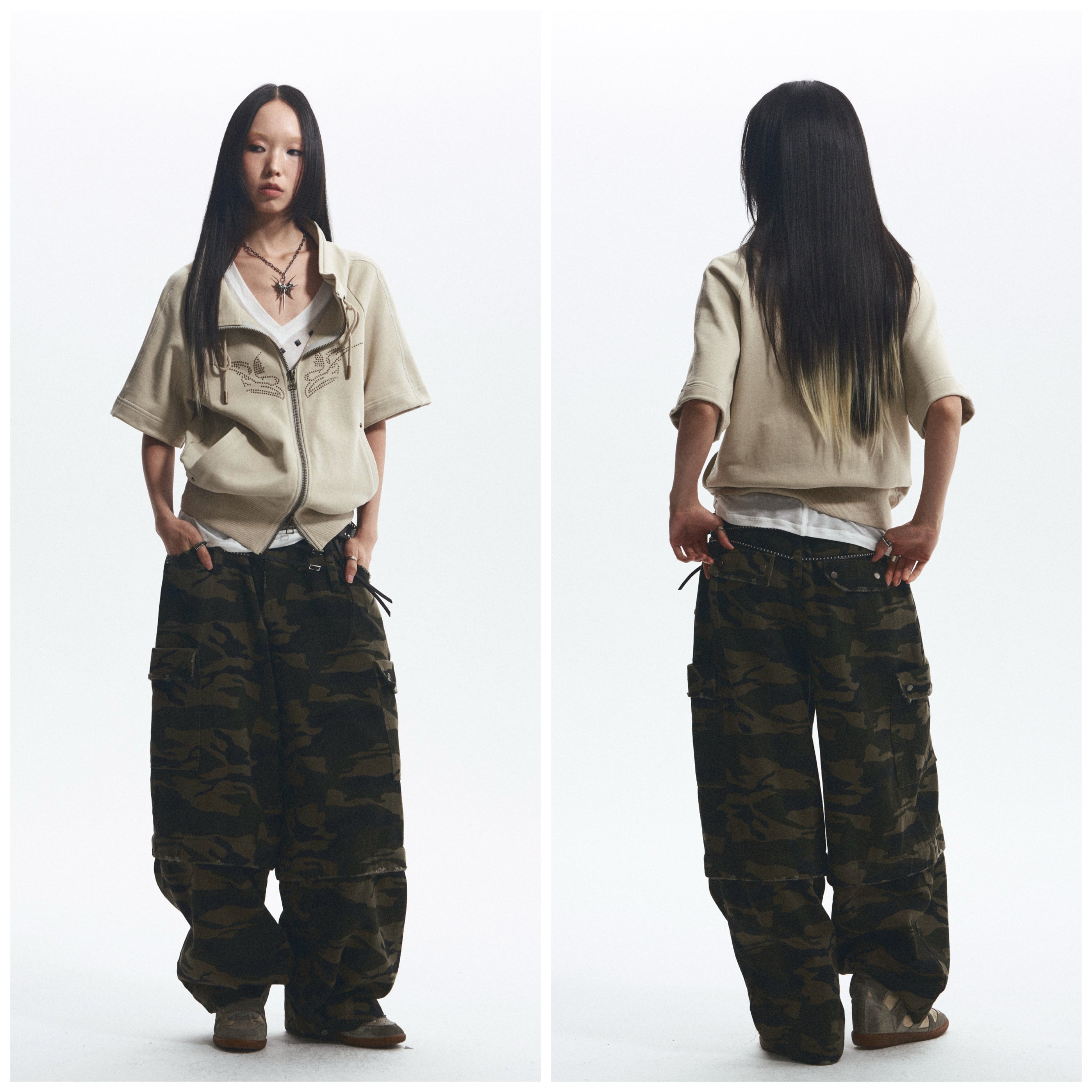 Baggy Straight-Leg Camo Pants with Detachable Cuffs (Includes Belt) ｜Presale