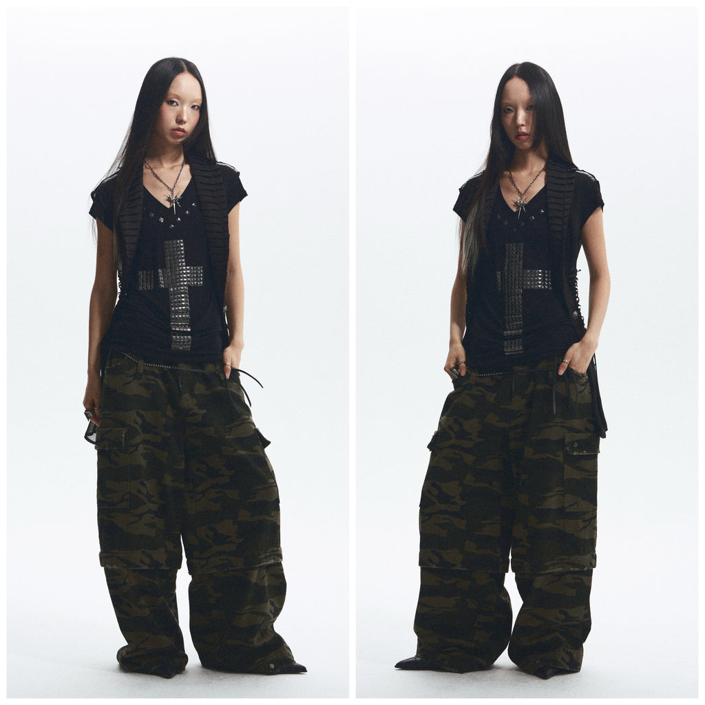 Baggy Straight-Leg Camo Pants with Detachable Cuffs (Includes Belt) ｜Presale