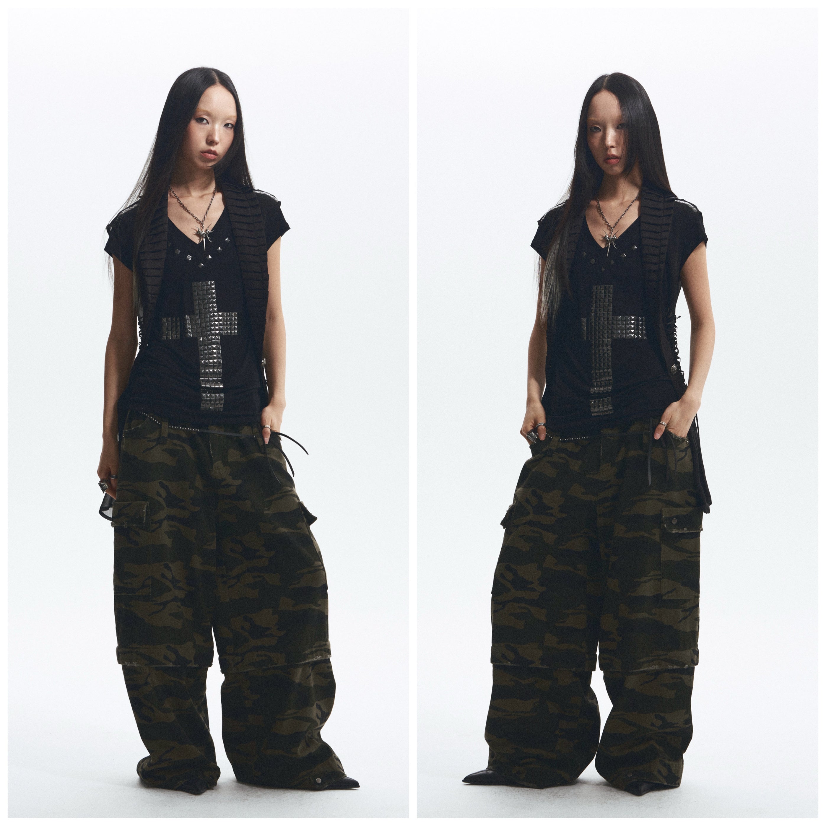 Baggy Straight-Leg Camo Pants with Detachable Cuffs (Includes Belt) ｜Presale