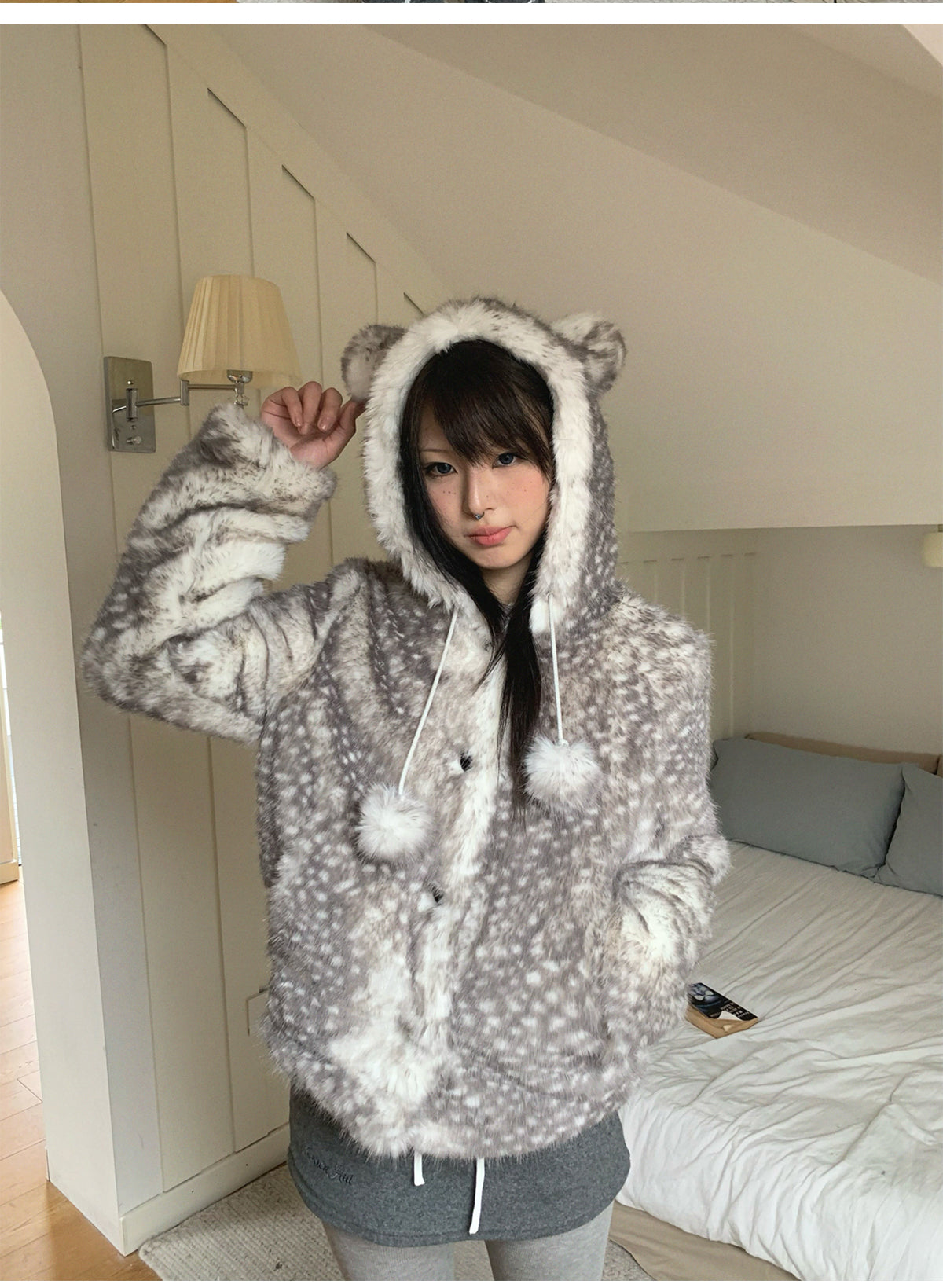 Christmas Reindeer Print Faux Fur Coat