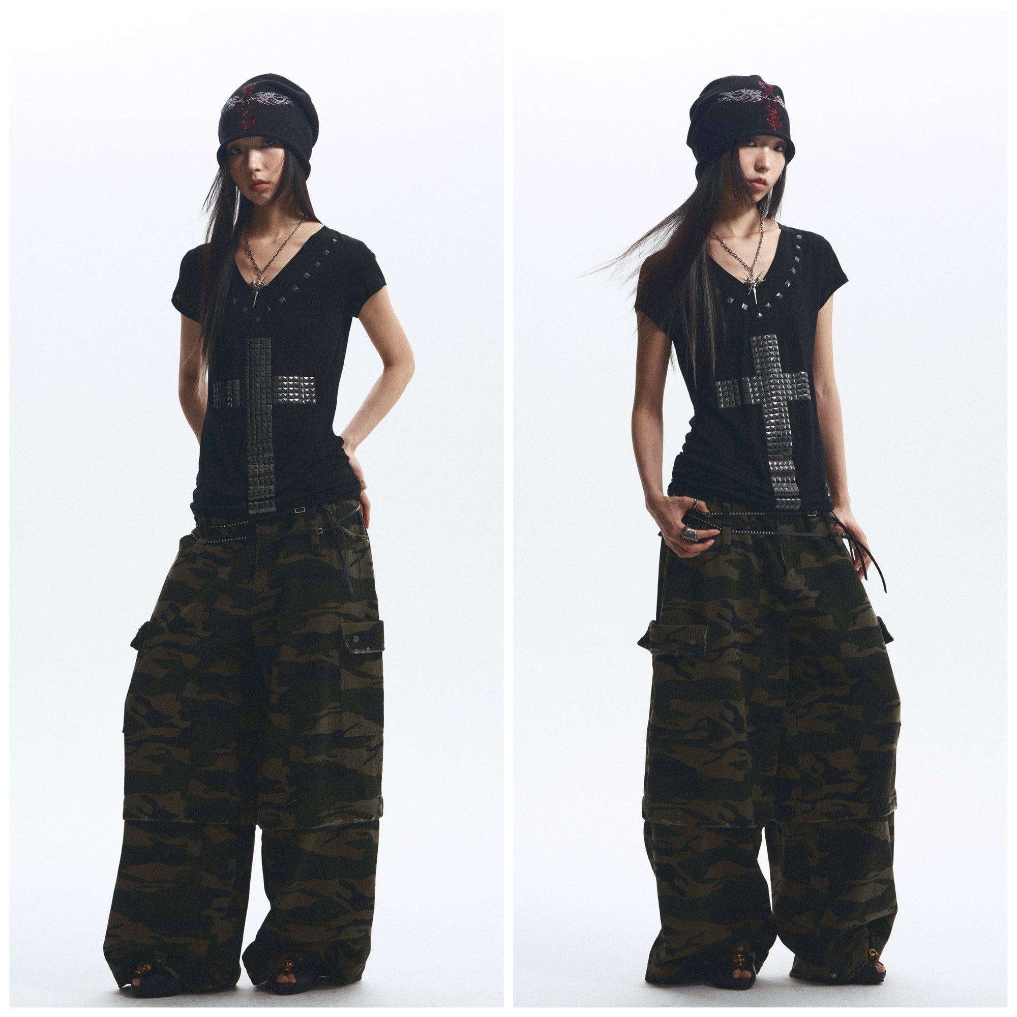 Baggy Straight-Leg Camo Pants with Detachable Cuffs (Includes Belt) ｜Presale