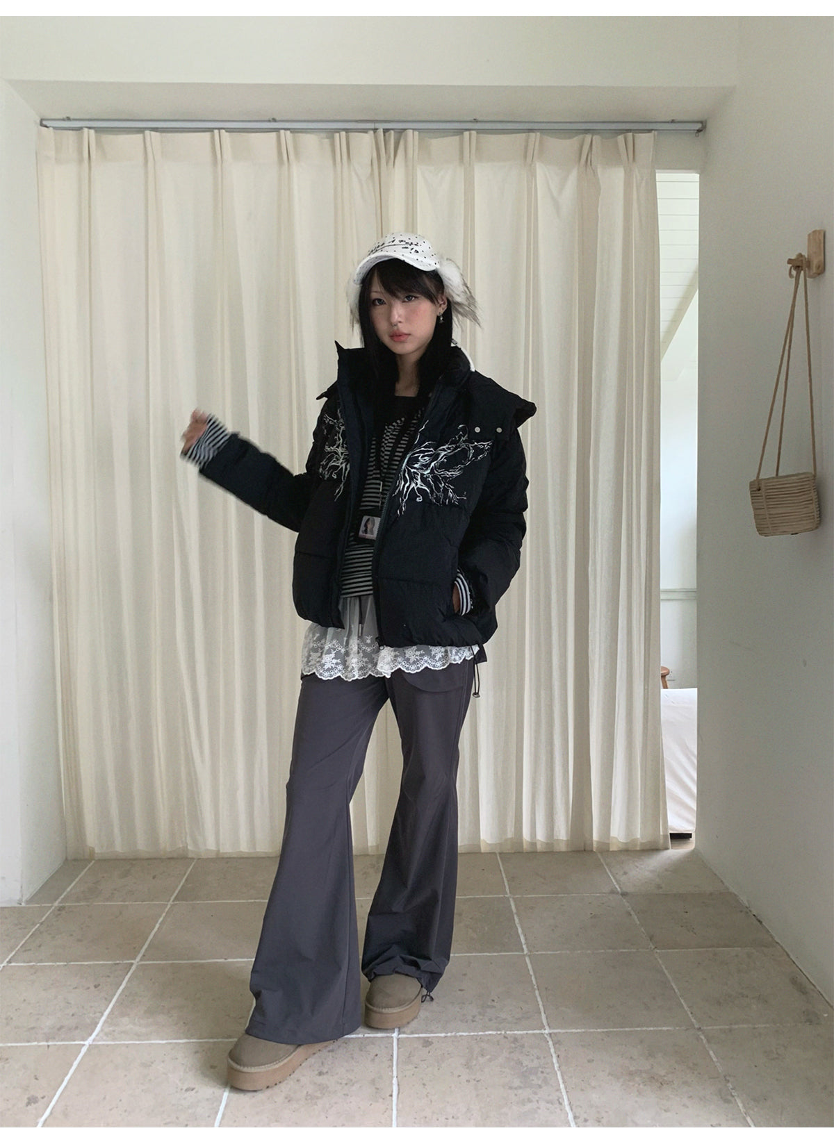 Street wing printed hooded cotton jacket