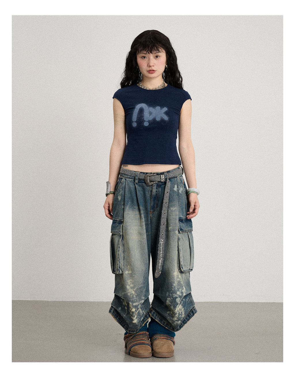Distressed White Washed Utility Capri Jeans