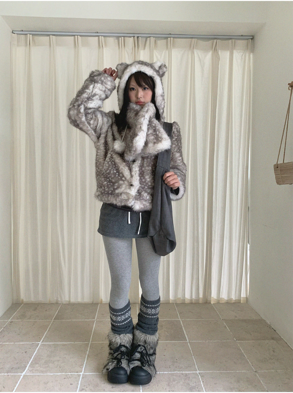 Christmas Reindeer Print Faux Fur Coat