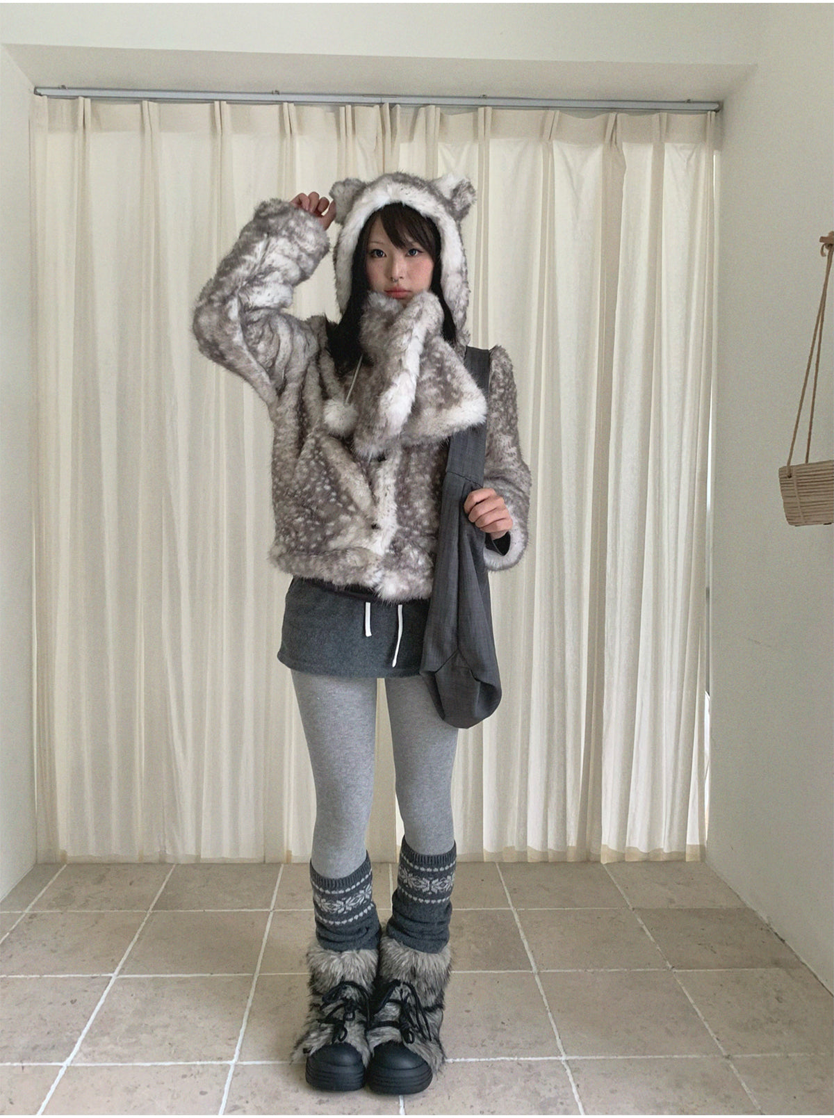 Christmas Reindeer Print Faux Fur Coat