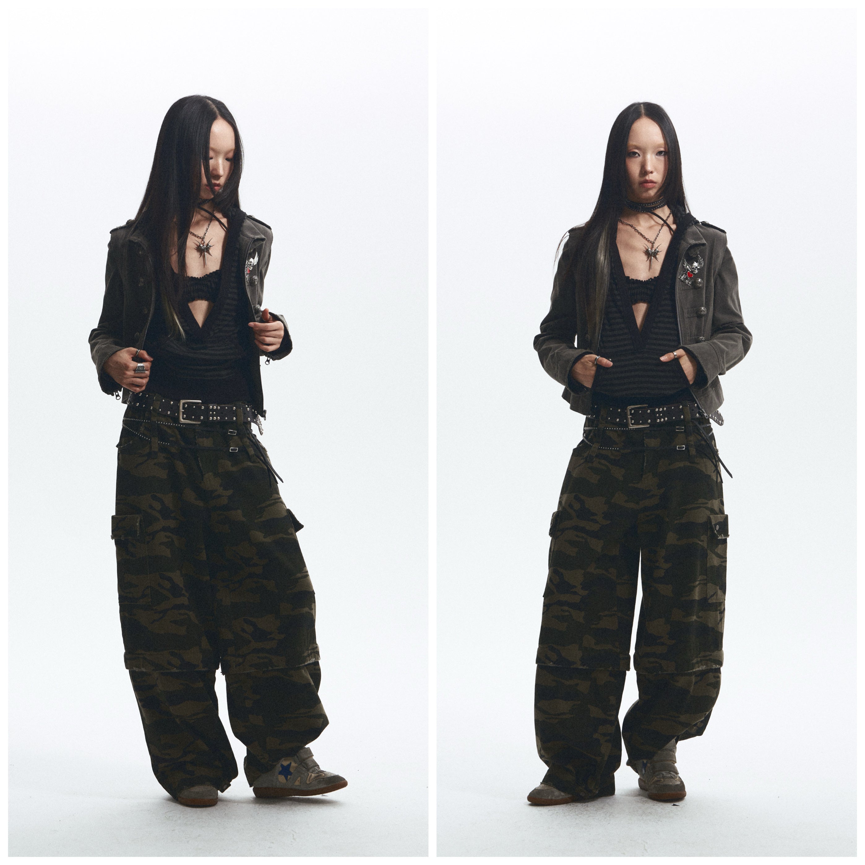 Baggy Straight-Leg Camo Pants with Detachable Cuffs (Includes Belt) ｜Presale