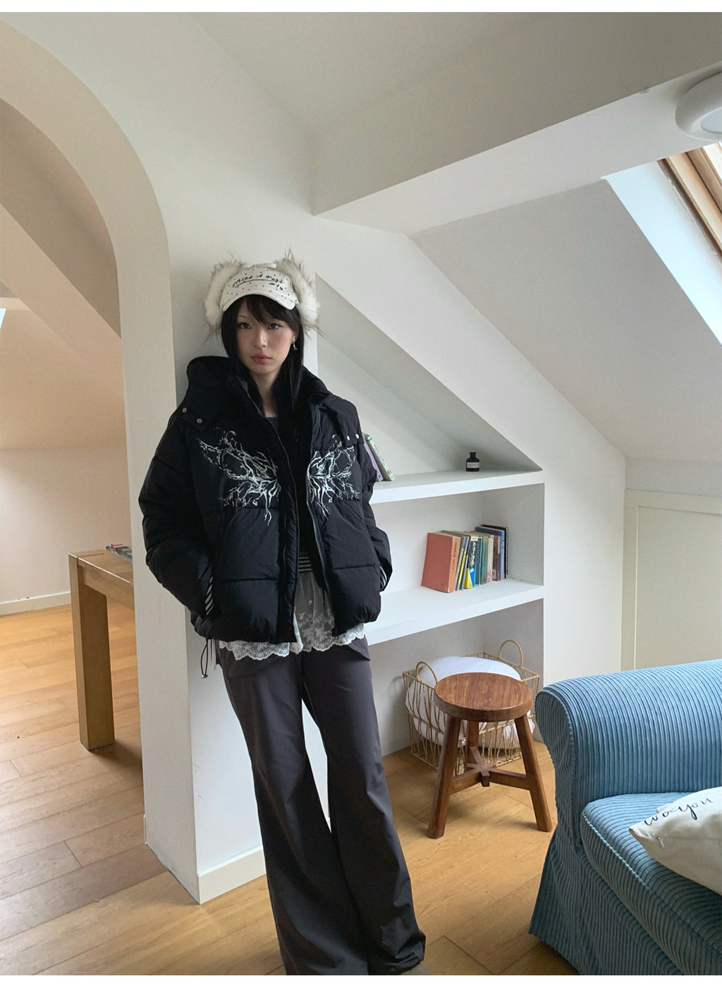 Street wing printed hooded cotton jacket