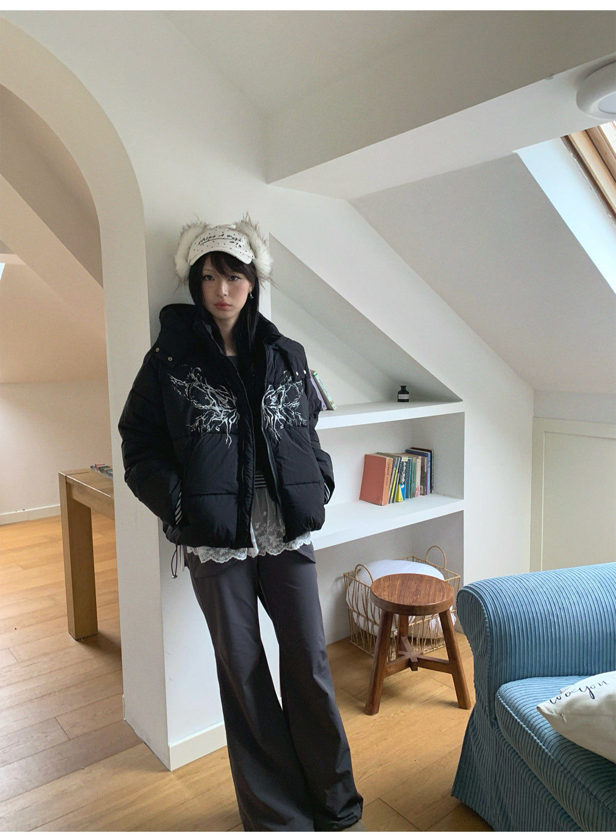 Street wing printed hooded cotton jacket