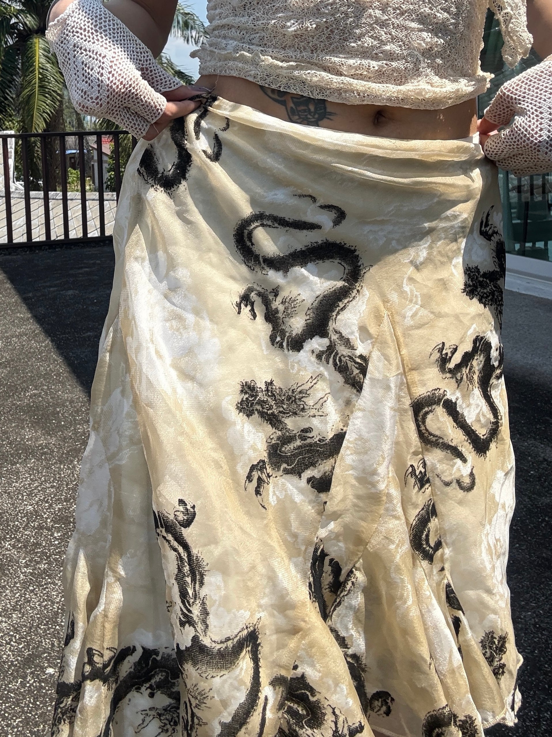 Dragon Print Chiffon Flared Skirt