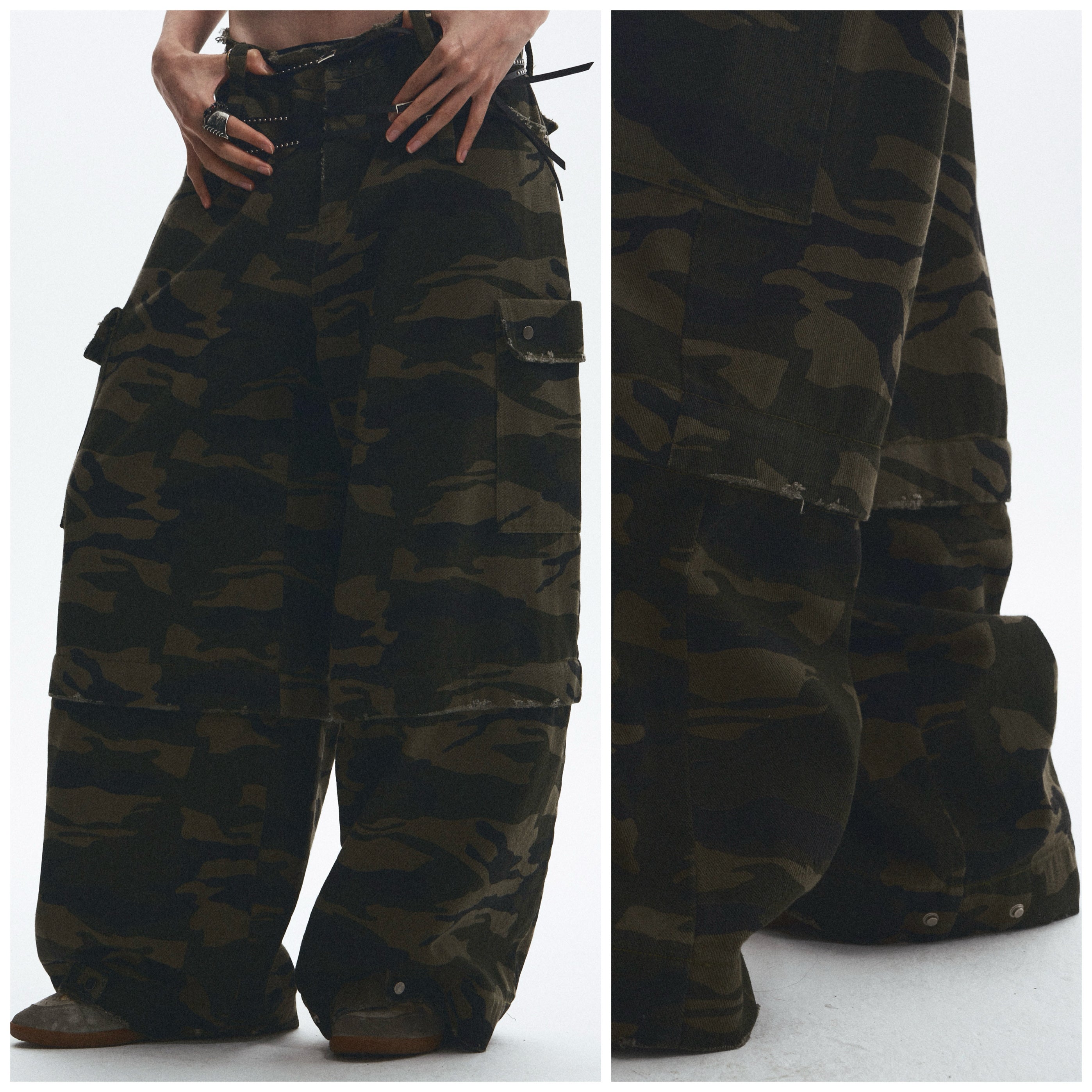 Baggy Straight-Leg Camo Pants with Detachable Cuffs (Includes Belt) ｜Presale