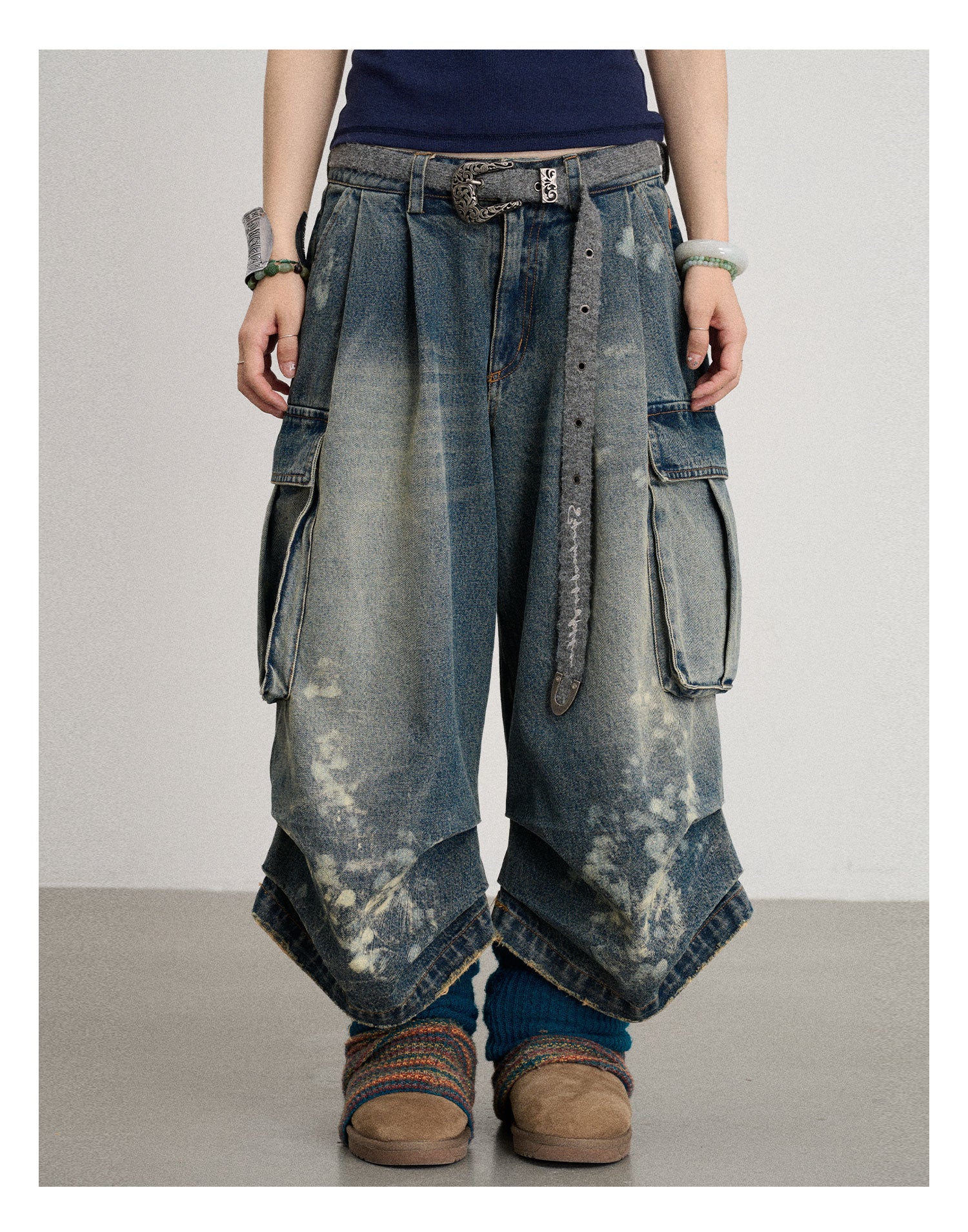 Distressed White Washed Utility Capri Jeans