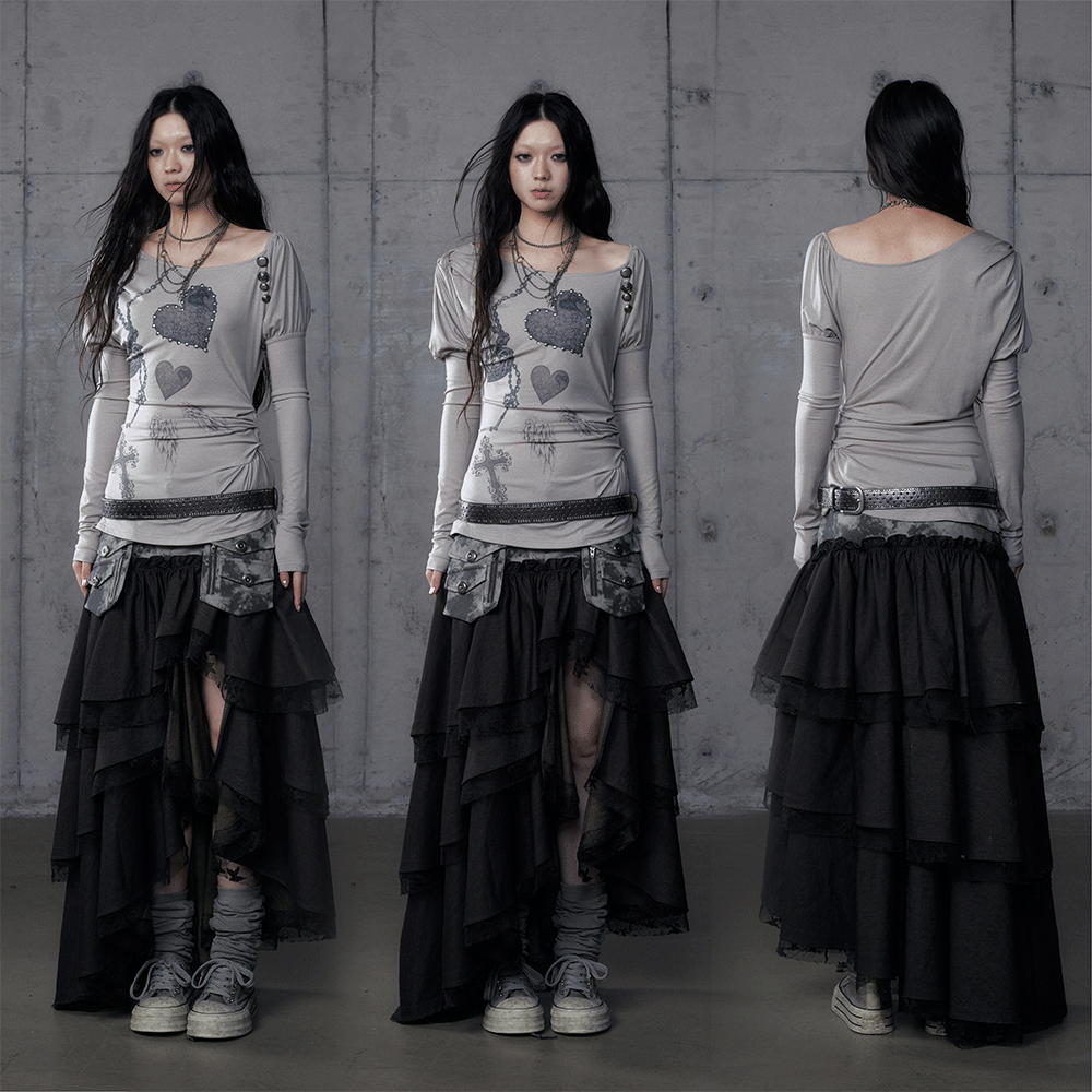 Asymmetrical Heavy-Tiered False Layered Maxi Skirt