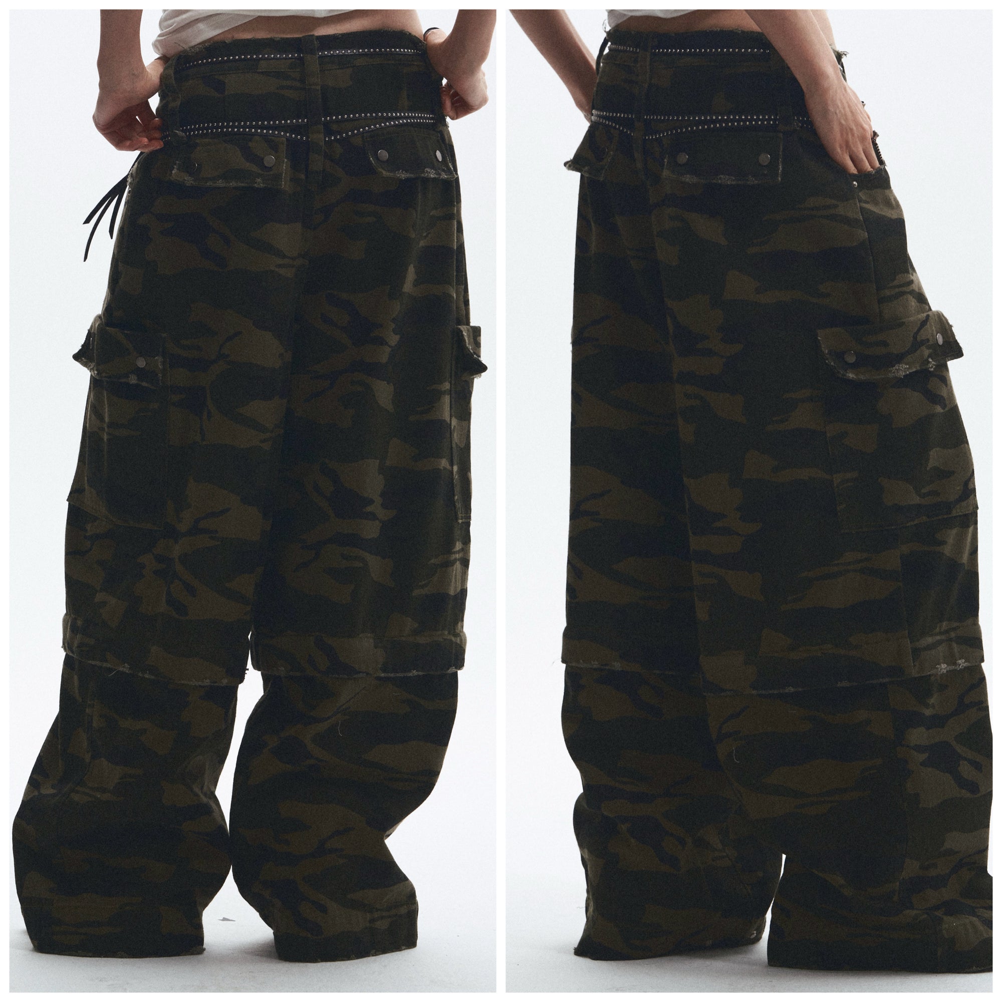 Baggy Straight-Leg Camo Pants with Detachable Cuffs (Includes Belt) ｜Presale