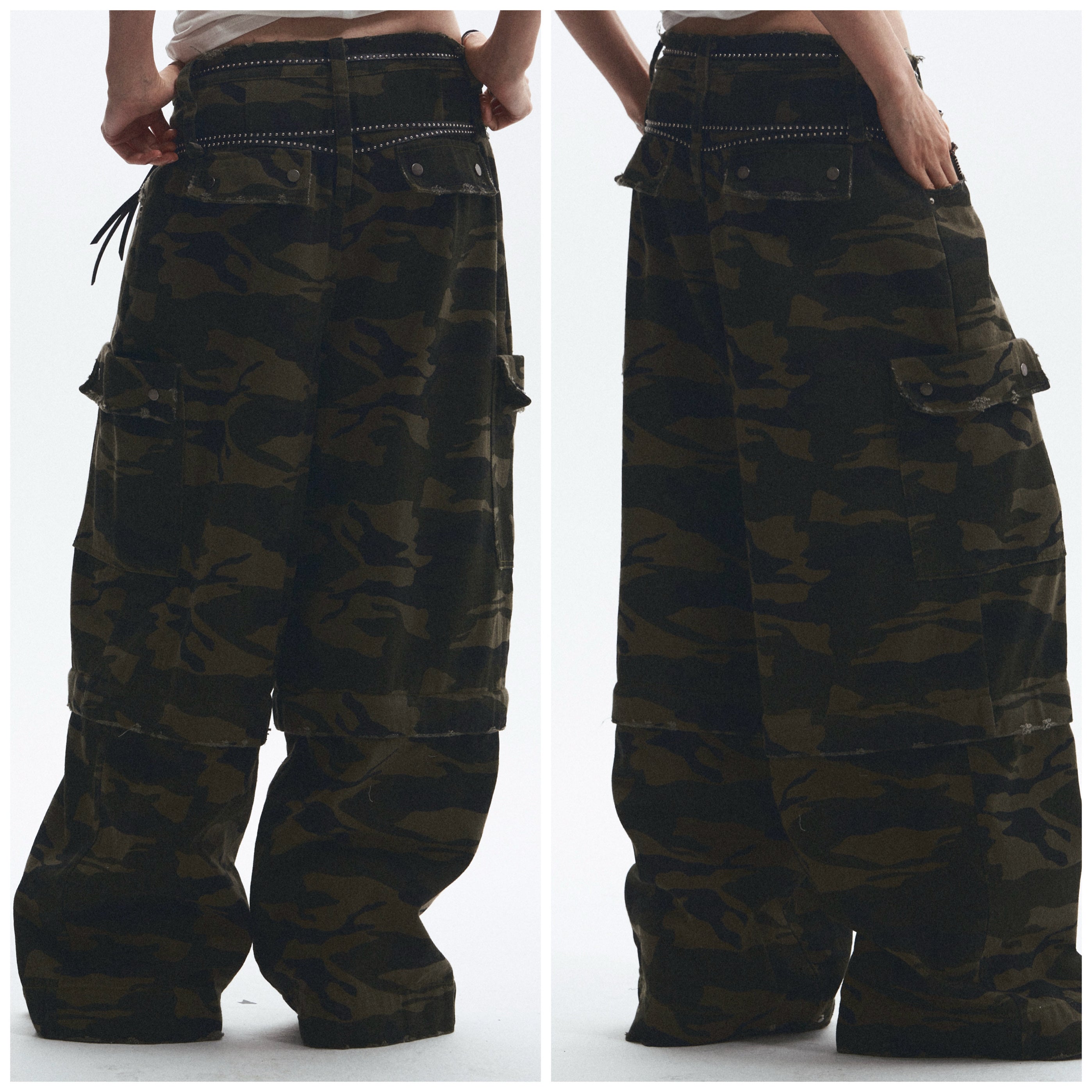 Baggy Straight-Leg Camo Pants with Detachable Cuffs (Includes Belt) ｜Presale